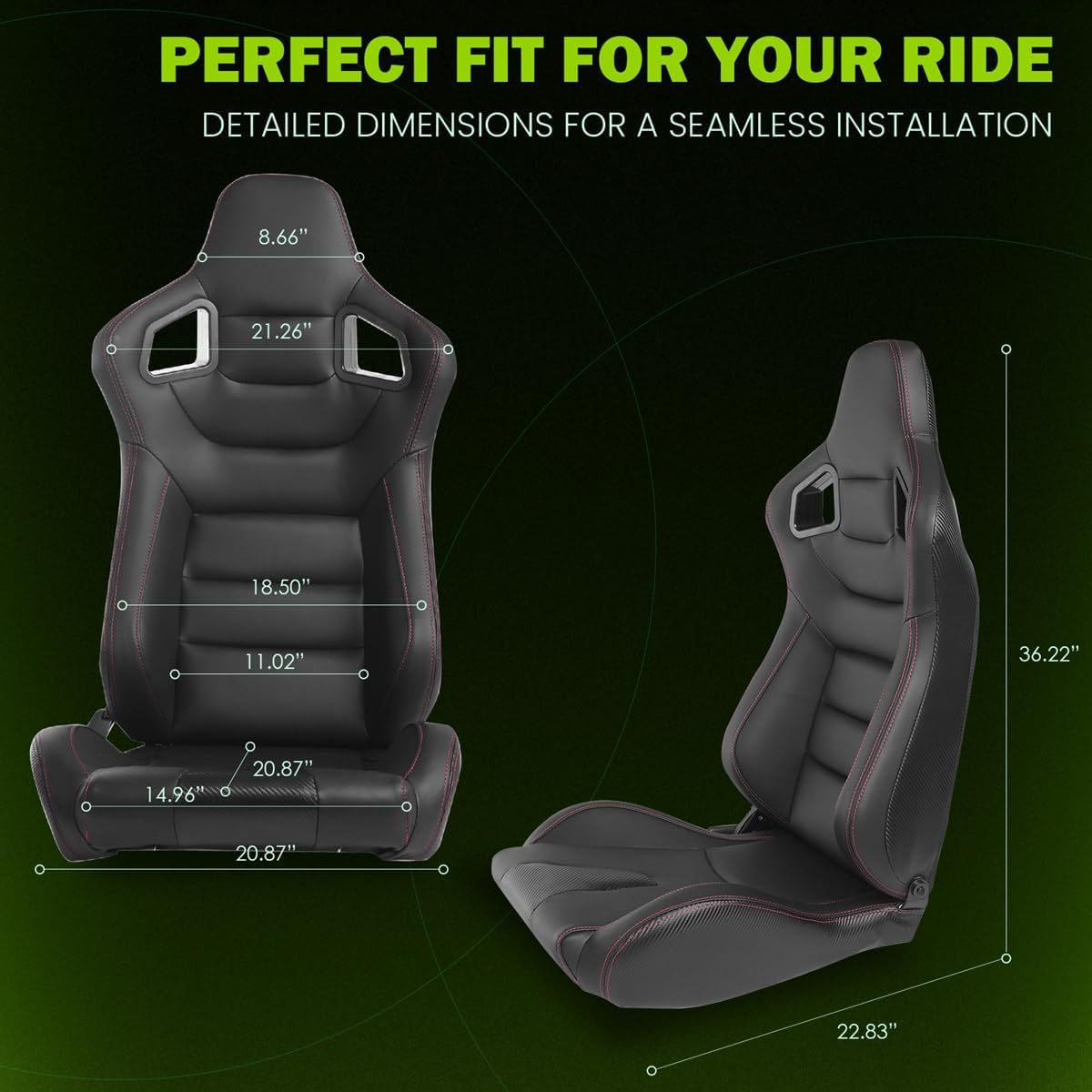 Universal Pairs of Racing Seat with Dual Sliders, PU Leather Front+Carbon Leather Back Reclinable Bucket Seat, Black+Red Stitch