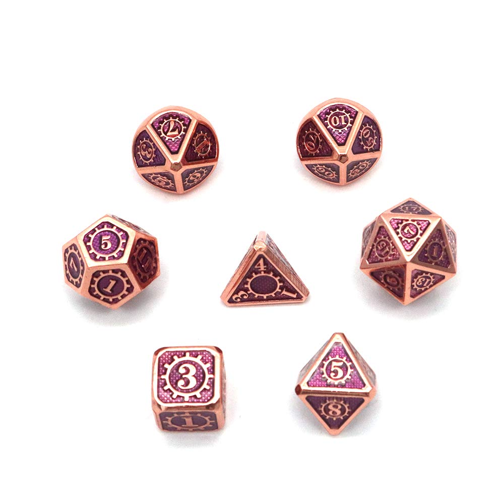 Fasizi 7PCS Metal Polyhedral Dice Set with Black Storage Bag for Role Playing Game Dungeons and Dragons D&D Math Teaching(Gear Copper Red and Purple)