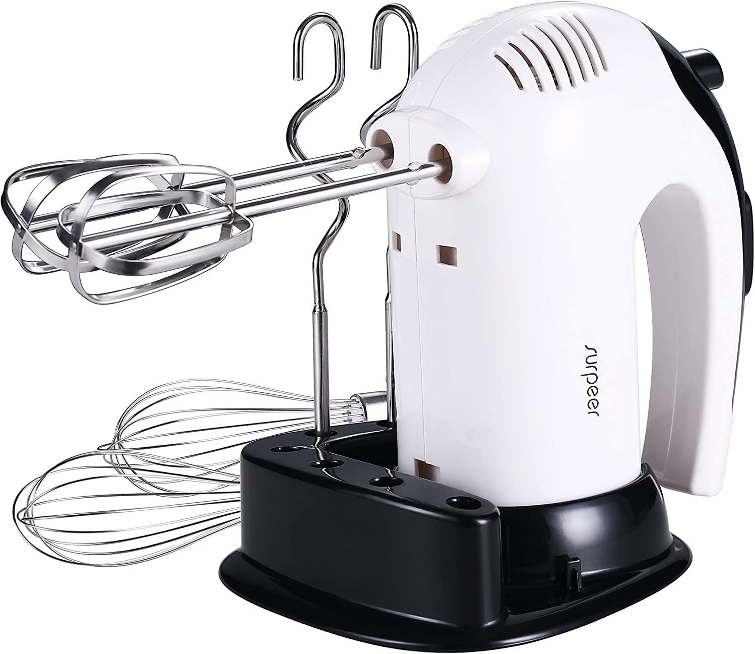 Hand Mixer Electric Whisk for Baking, SURPEER Hand Held Food Mixers 300W,5 Speed Egg Beater with Storage Base,2 Dough Hooks,2 Balloon Whisks, 2 Beaters, White/Black