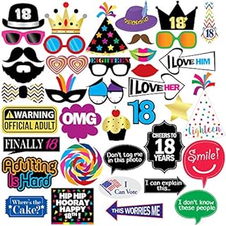18th Birthday Photo Booth Party Props - 40 Pieces - Funny 18th Birthday Party Supplies, Decorations and Favors