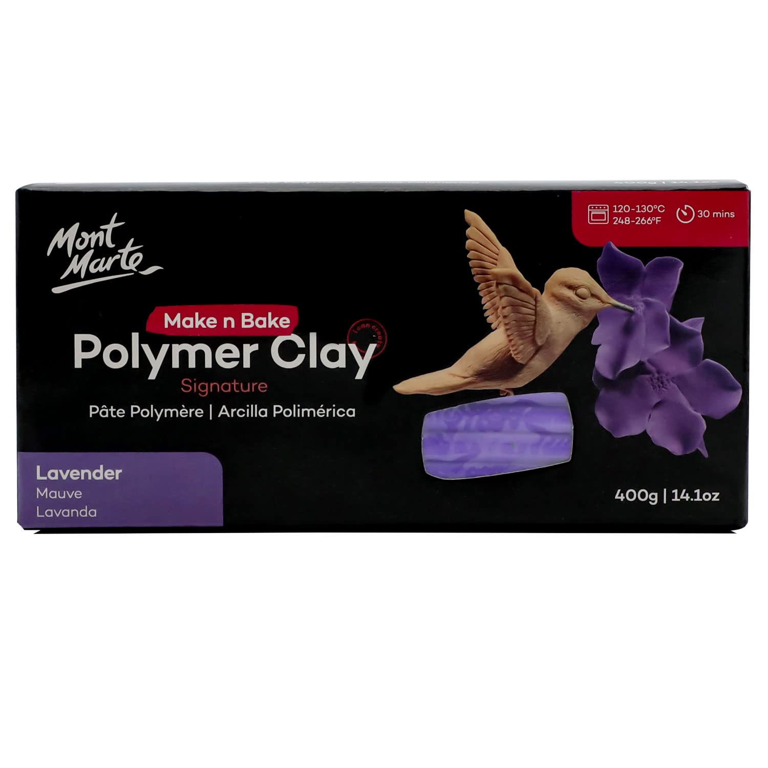 Mont Marte Make n Bake Polymer Clay Signature Lavender 400g (14.1oz) Block, Bake in Oven, Soft and Smooth, Sculpting, Craft, DIY Décor, Jewelry