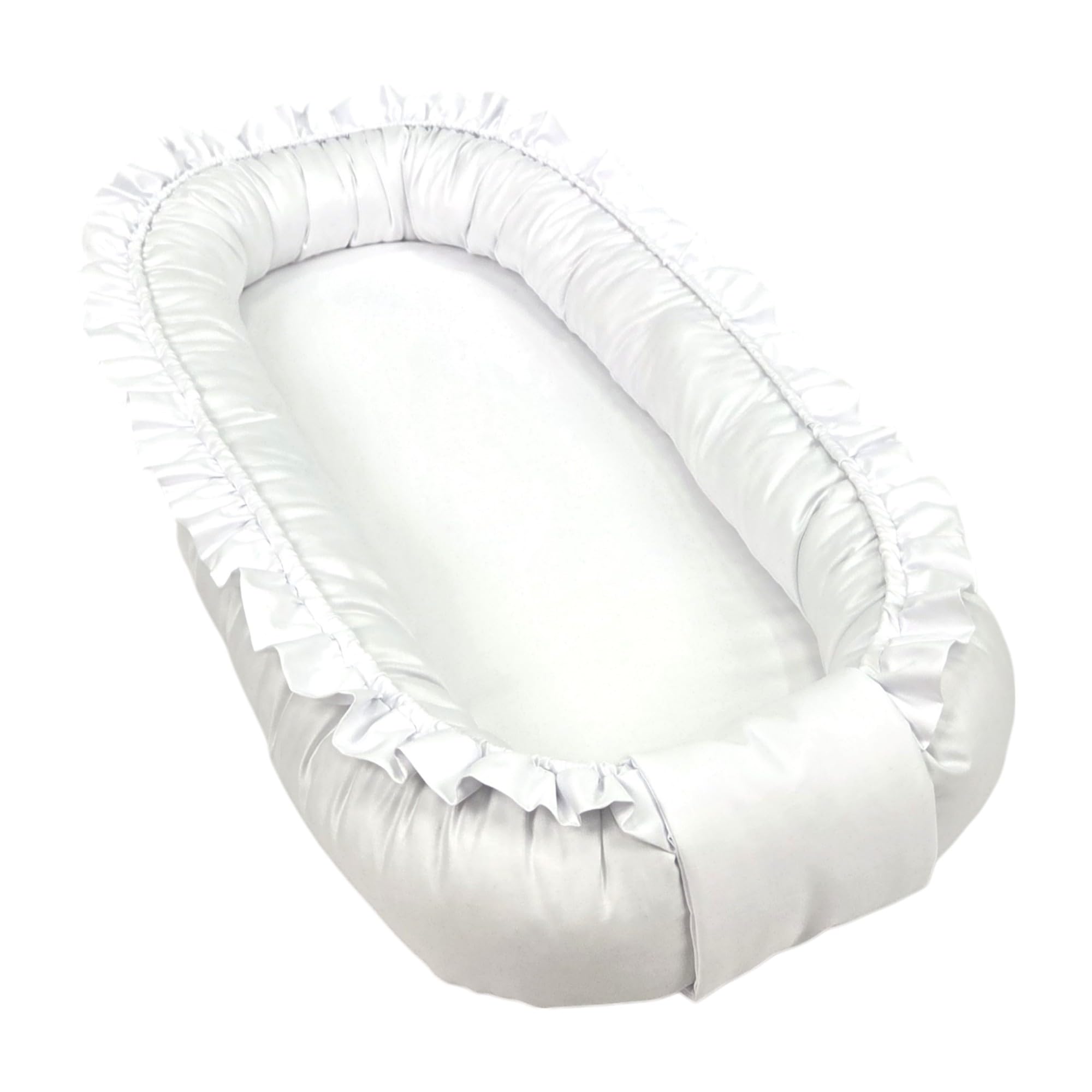 WIKLINOPOL Réducteur de Lit Bébé – Cocon Bébé 85x45 cm en Blanc avec volants – Baby Nest Portable avec Matelas – Nid Douillet Lavable en Coton 100 % – Sécurité à la Maison ou en Voyage