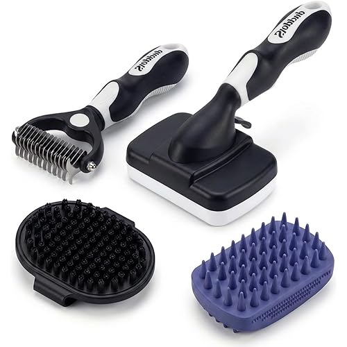 PETIMP STORE 4PCS Self Cleaning Slicker Brush, Pet Grooming Rake, Bath Brush & Massage Brush for Short/Long Haired Dogs, Cats & Horses, Pet Grooming Deshedding Tools - Pet Supplies (White Black)