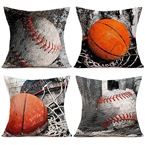 Doitely Vintage Basketball and Softball Set Decorative Throw Pillow Covers Cases Size 18 x18 Cotton Linen Standard Pillowcase Sport Club Team Men Gifts Home Car Decor 4 Pack