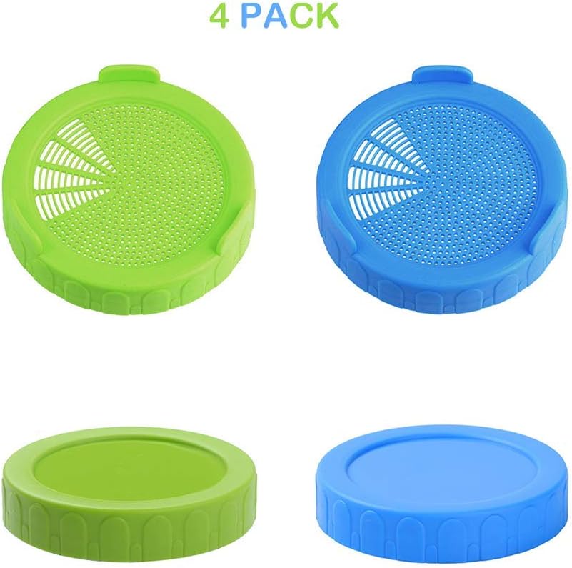 hizgo Plastic Sprouting Lids and Storage Lids Kit for Wide Mouth Mason Jars, Includes 2 pack Jar Strainer Lids and 2 pack Storage Caps, Blue and Green Color