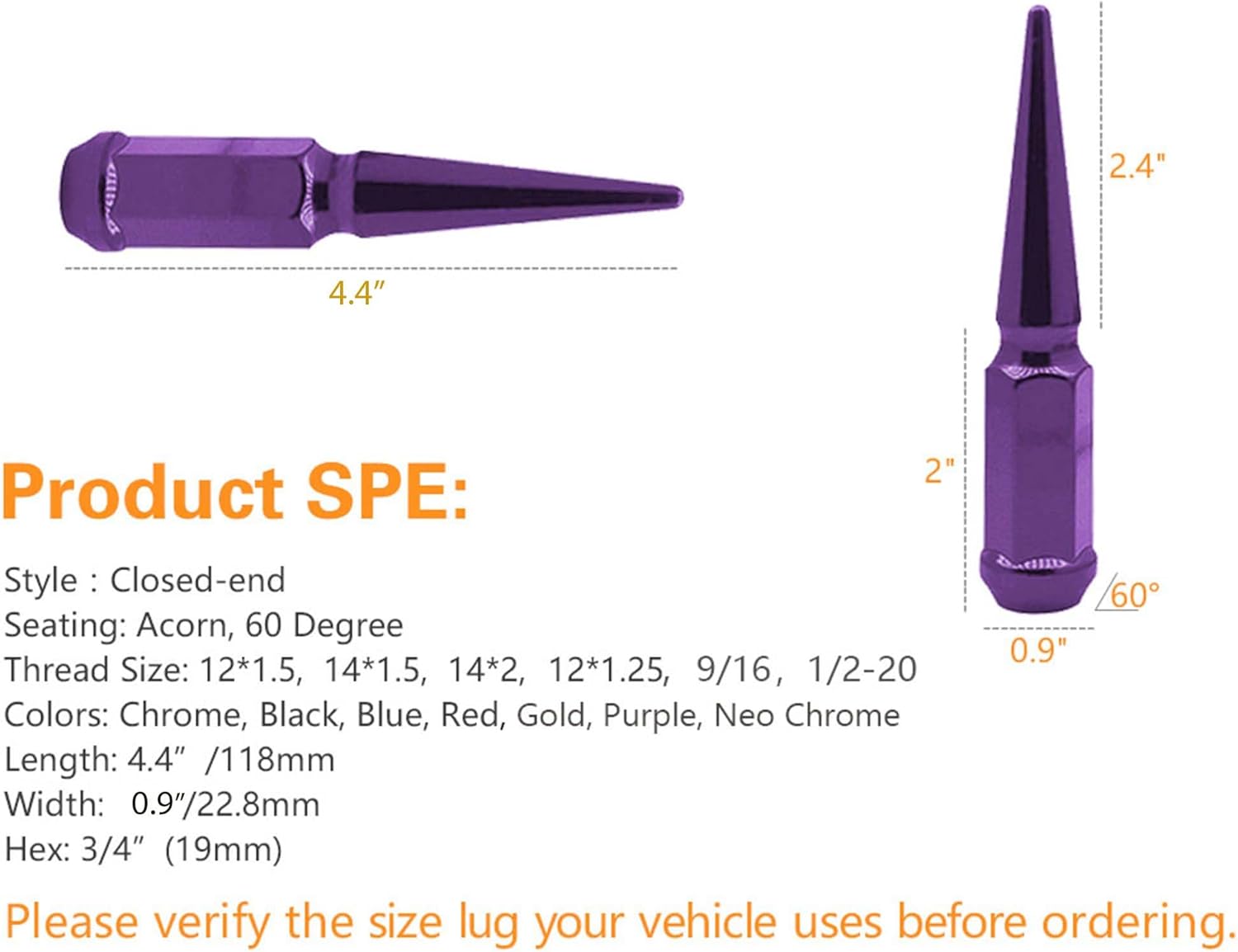 24pc Spike Lug Nut 12x1.25 Puple 4.4" Tall Offroad Extended Metal Lugs Premium, 1 Socket Key Included