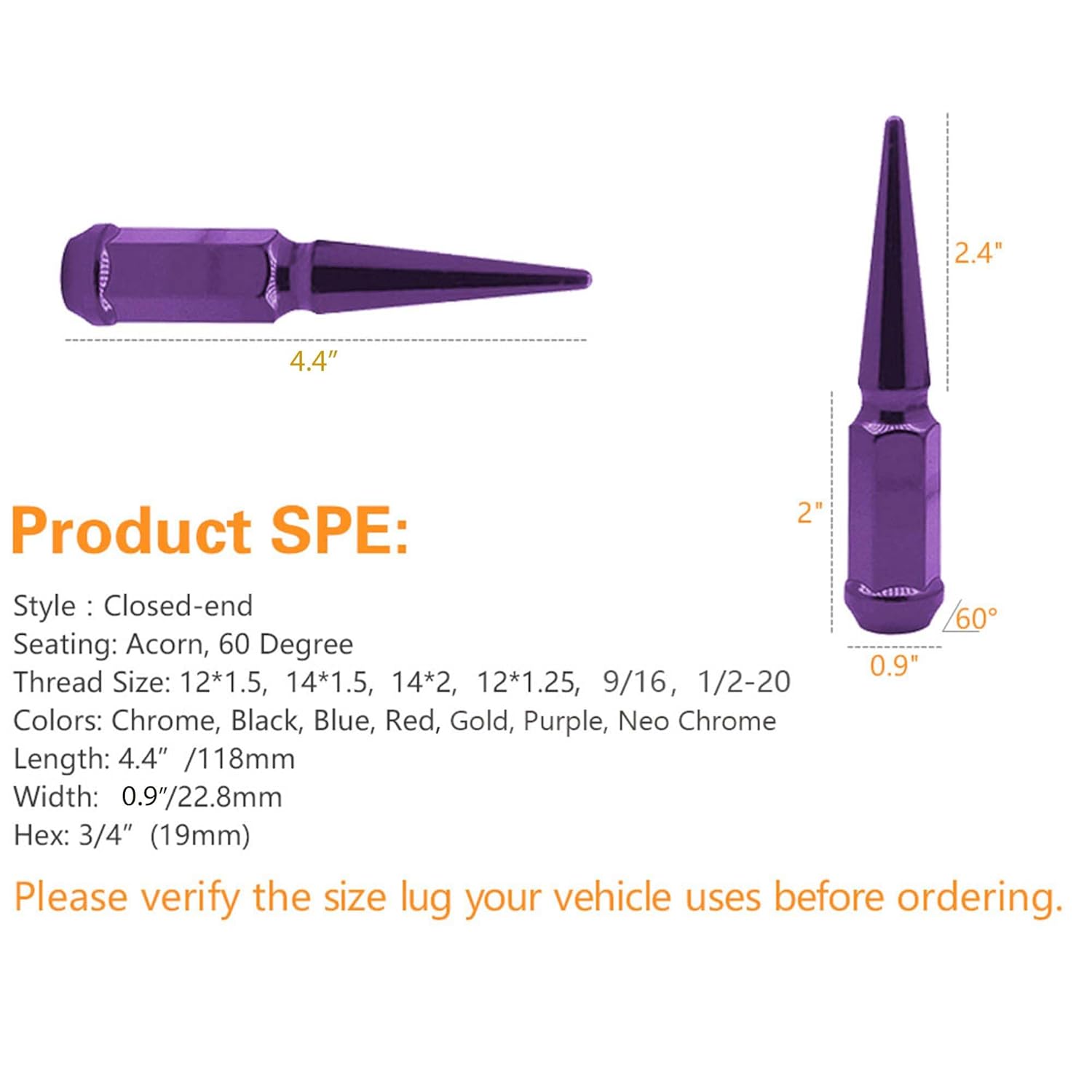 32pc Spike Lug Nut 14x2 Purple 4.4" Tall Offroad Extended Metal Lugs Premium