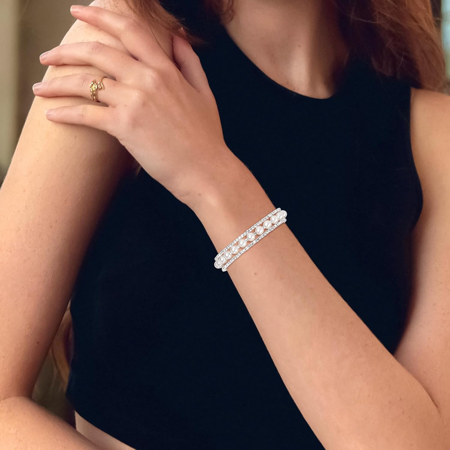 Imitation Pearl Stretchy Bracelet, White Multilayer Rhinestone Bangle Elastic Cuff Bracelet Stackable Dainty Wedding Jewelry for Women Brides Party Proms - Image 5