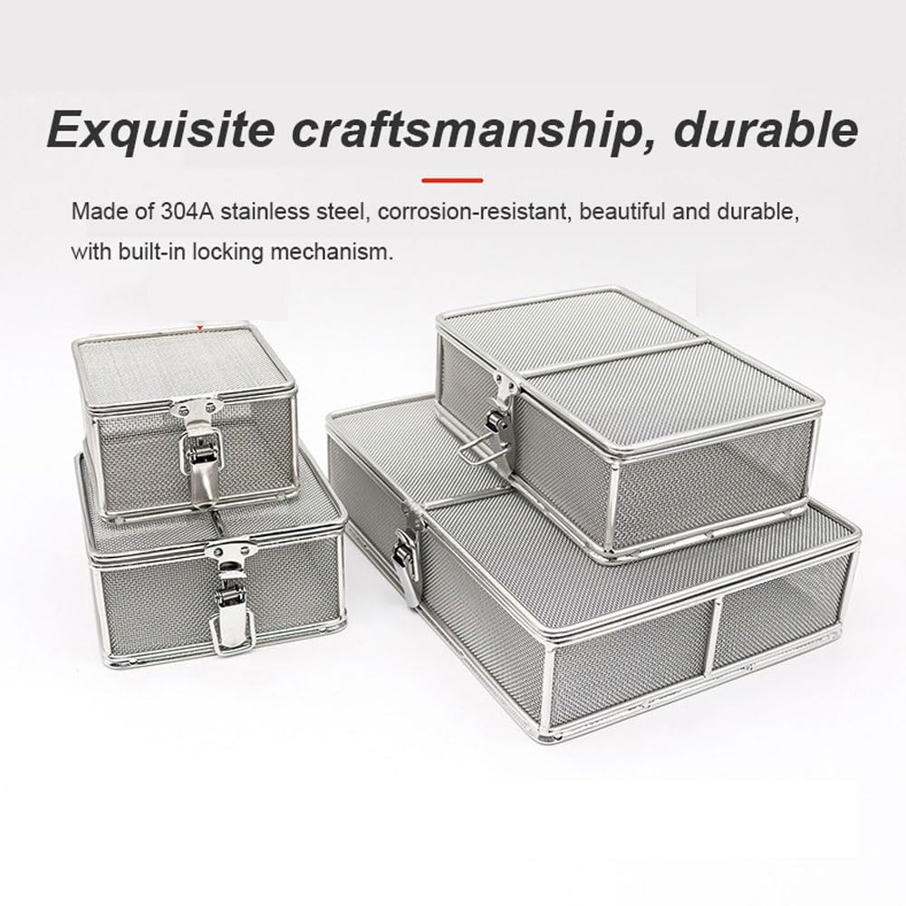 Cestino per sterilizzazione a rete con coperchio, scatola per strumenti chirurgici, in acciaio inox, maglia da 0,8 mm per pulizia e autoclave (20 x 15 x 5 cm) – grado ospedaliero