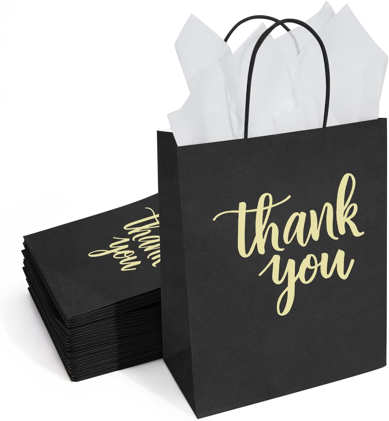 DjinnGlory 50 Pack Medium Sized Black Thank You Paper Bags with Handles 10x8x4 Inches and White Tissue Paper for Small Busines Wedding Baby Shower Graduation Party Favors Treats Goodies