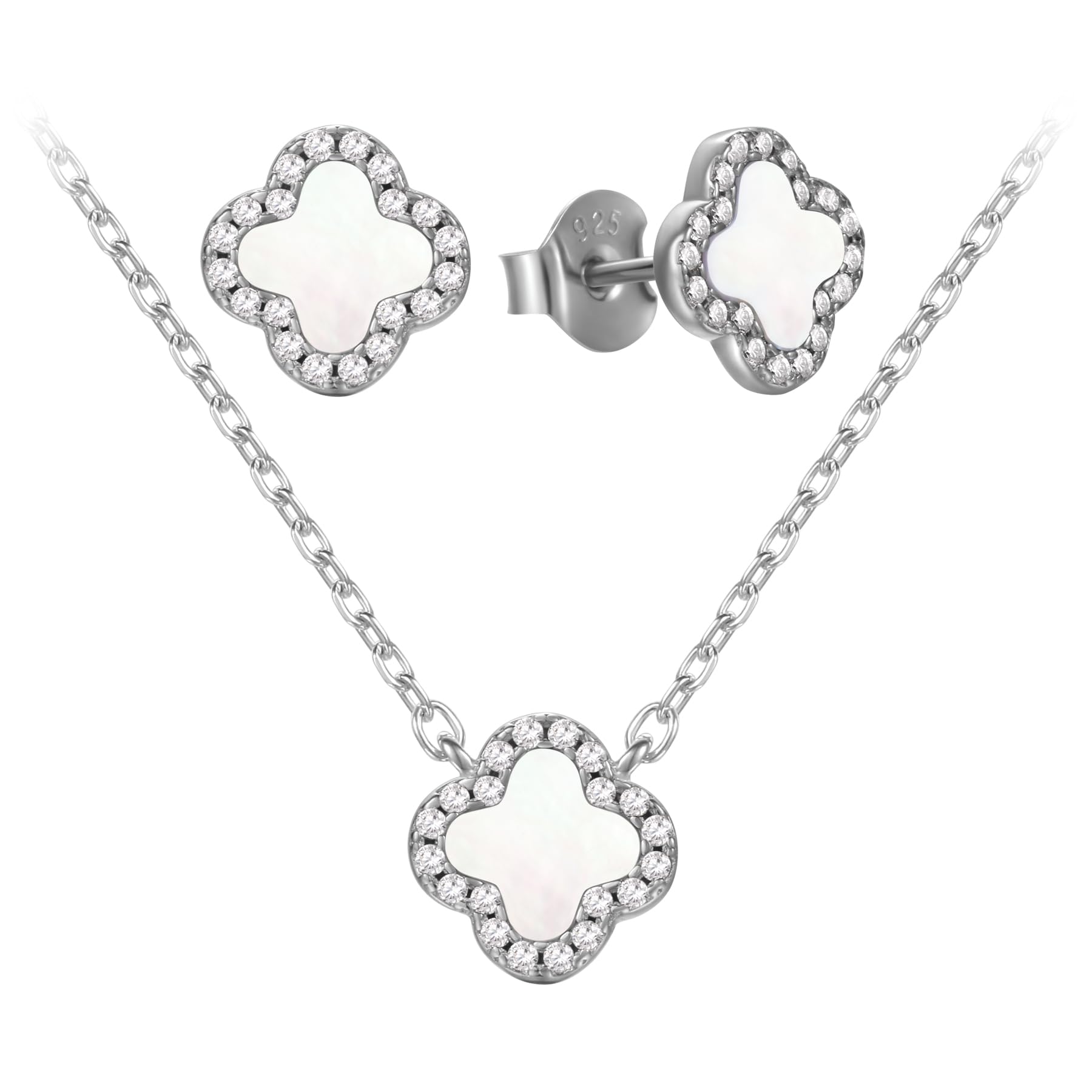 925 Silber Weißes Kleeblatt Ohrringe Halskette Set für Damen | Weißes Perlmutt Kleeblatt Set,925 Silber,Hypoallergen,Rhodiniert,Geschenk für Damen,Hochzeit,Weihnachten,Geburtstag