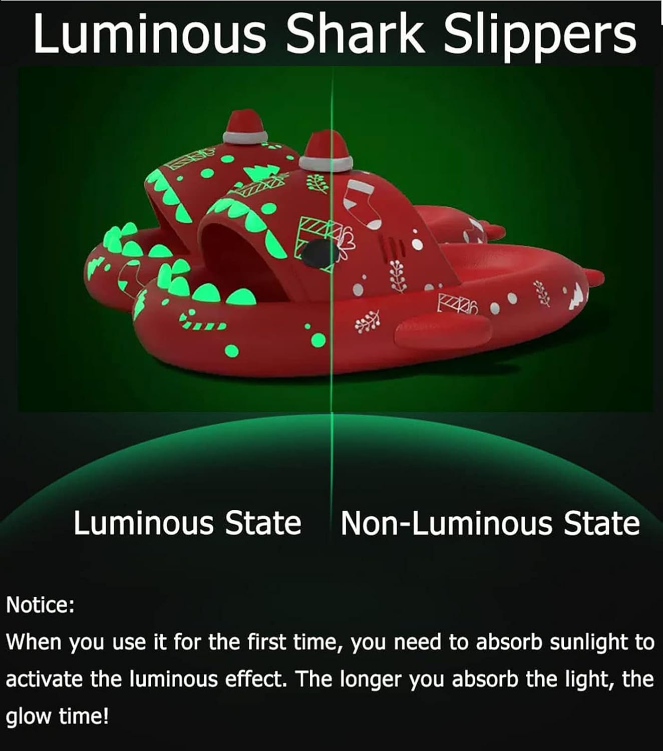 KUSW クリスマスシャークスライド、暗闇で光るサンタシャークスライド、3D漫画クリスマスシャークスリッパ, レッド, 5.5-6