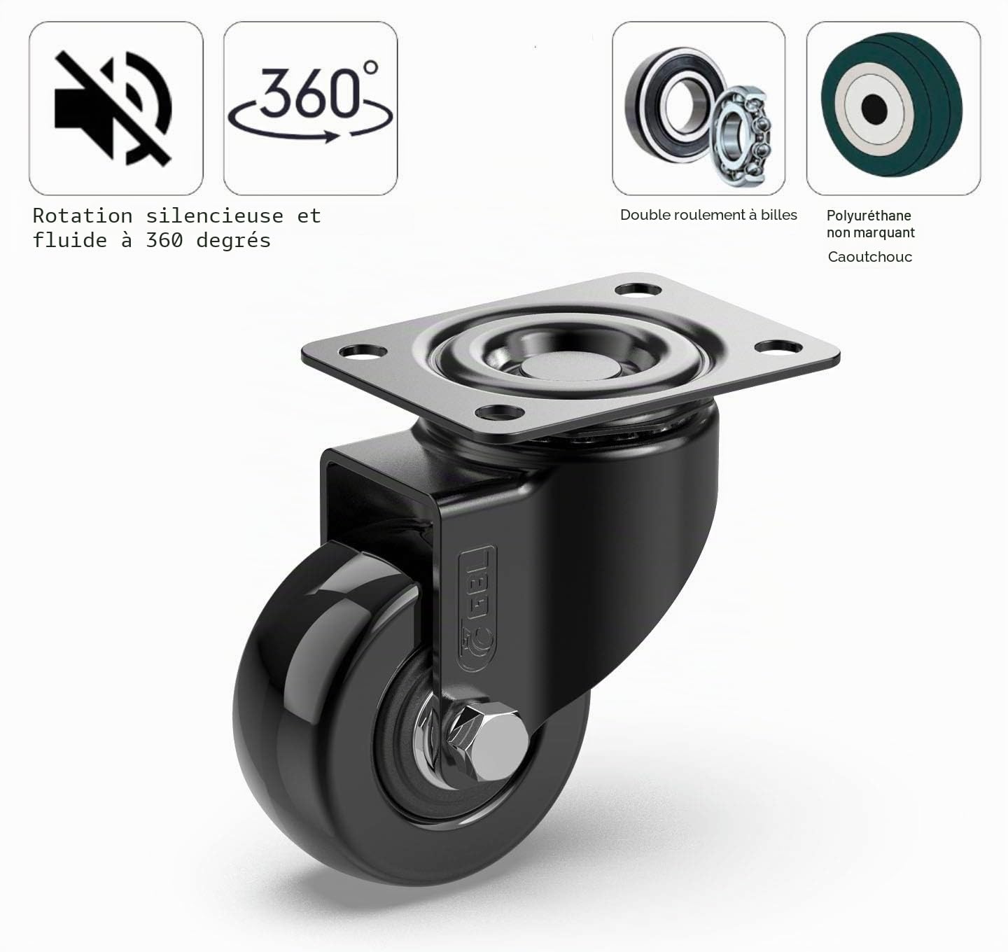 GBL 4 Roulettes Pivotantes Pour Meubles sans Frein + Vis - 50mm Jusqu'à 200KG - Roulette Sans Traces au Sol pour Charge Lourde - Roue en Caoutchouc pour Chariot - Noires