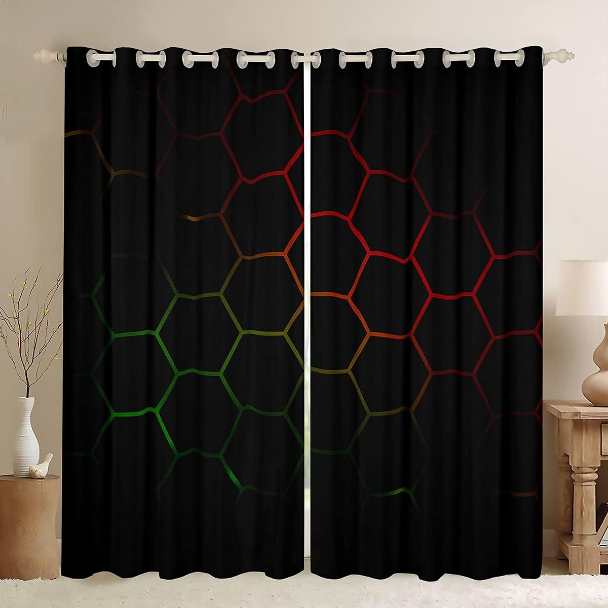 Boys Honeycomb Window Drapes Kids Men Girls Modern Geometry Hexagon Window Curtains for Bedroom Living Room Colorful Grid Art Neon Decor Curtains Red Green Black Window Treatments 38W X 45L,