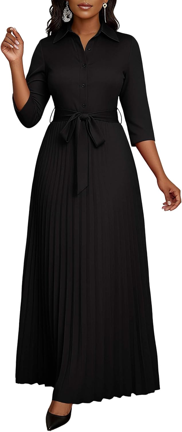 Runwind Maxi Dresses for Women, 3/4 Sleeve Botton Down Pleated Long Dress with Belt Casual Church Dress with Pockets - Image 4