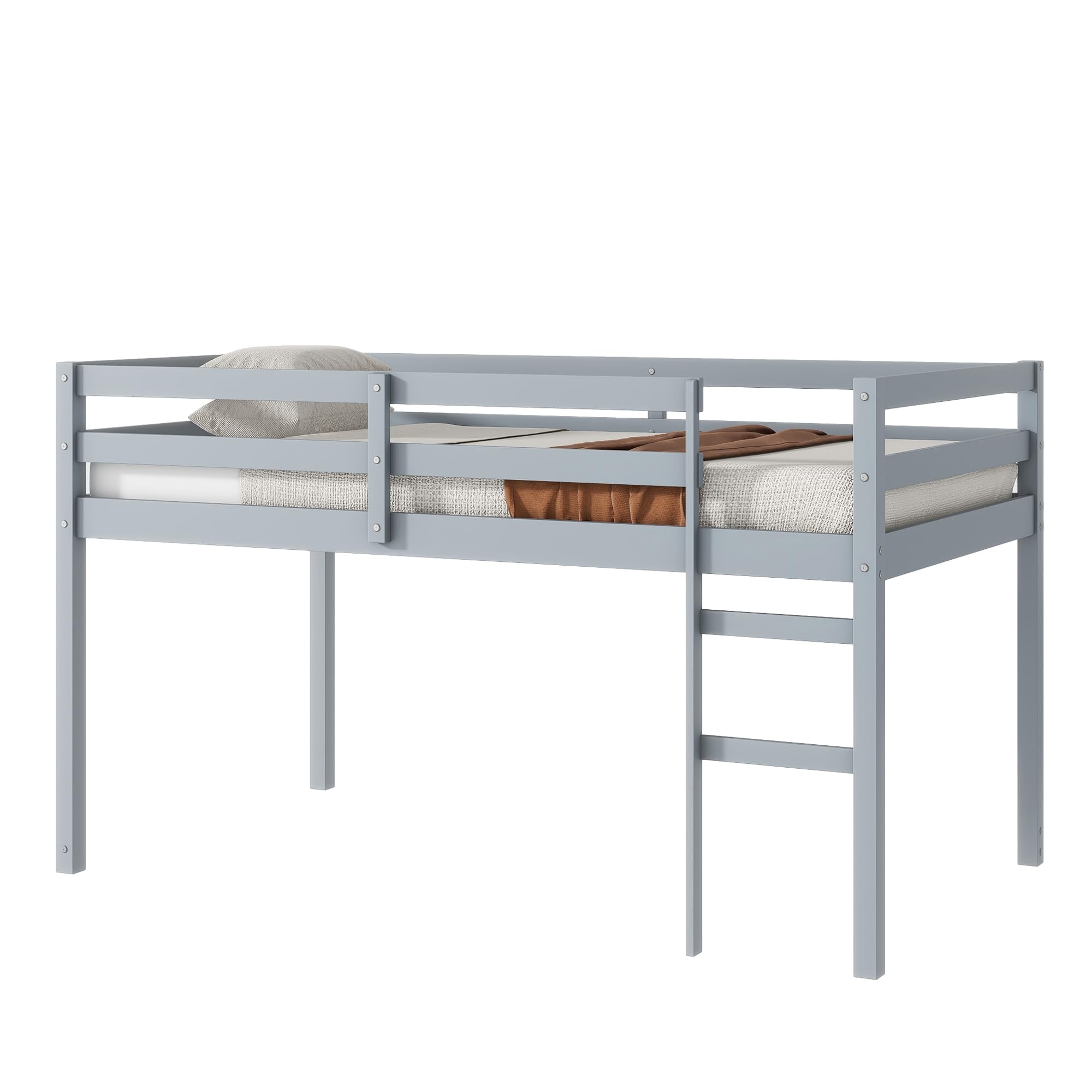 ANDORON Low Loft Bed Twin Size, Kids Solid Wood Modern Loft Bed Frame with Ladder and Safety Guardrail for Girls Boys, Noise-Free, Non-Toxic Finishes,