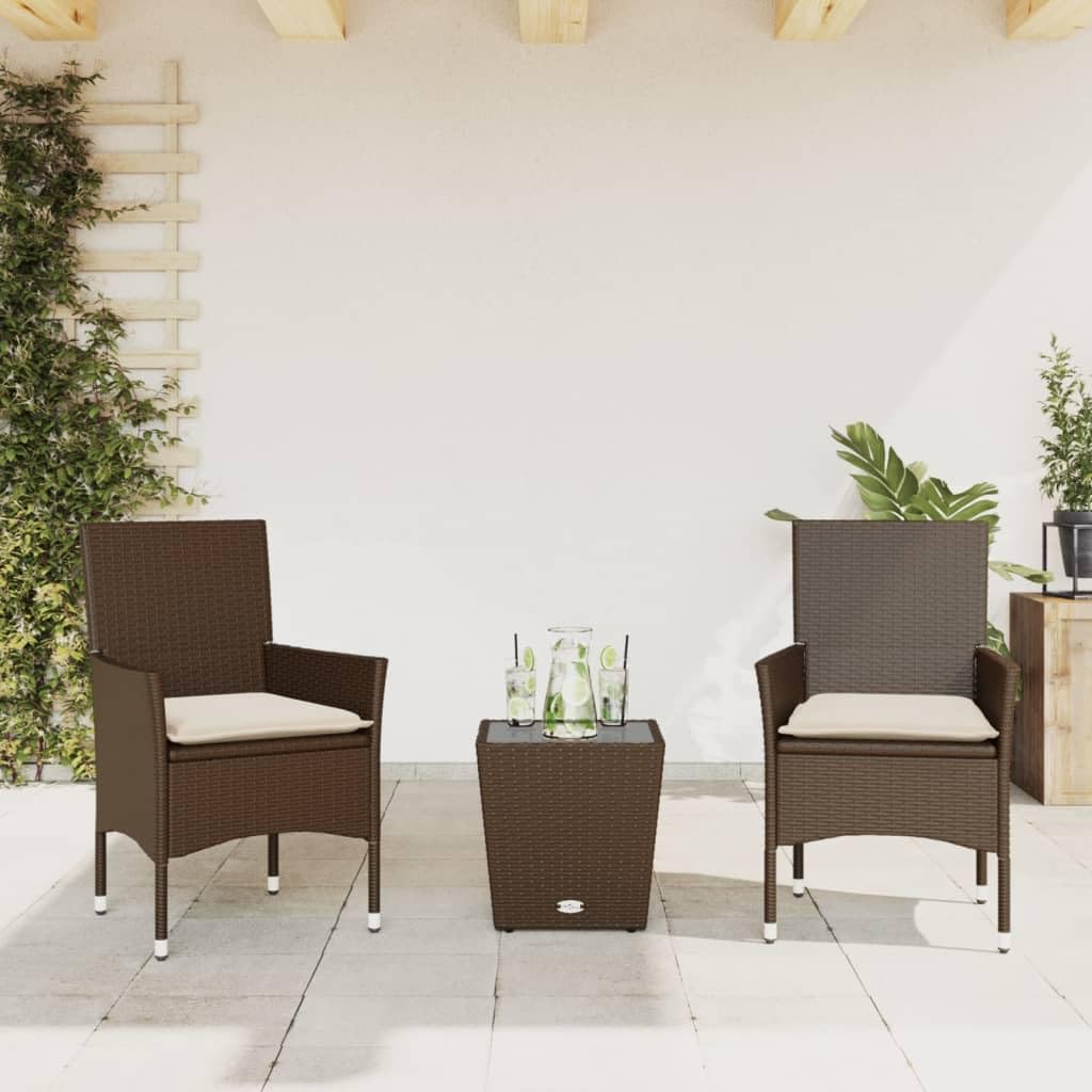 Set da bistrò marrone in polyrattan con vetro, 3 pezzi