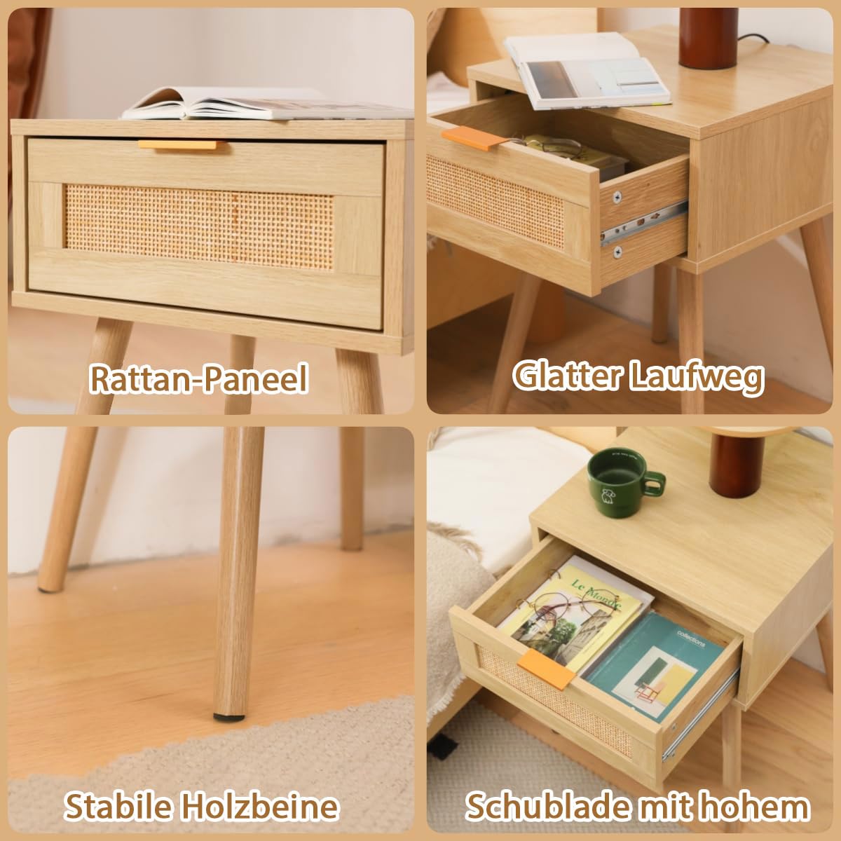 GRAVFORCE Nachttisch Rattan 2er Set Beistelltisch mit Schublade (Holzfarbe)