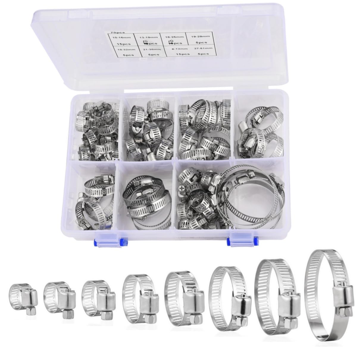 70-Piece Stainless Steel Hose Clamp Assortment Kit 1/4"-2"(6-51mm) - Corrosion-Resistant Worm Gear Clamps for Automotive, Plumbing, Fuel Lines,