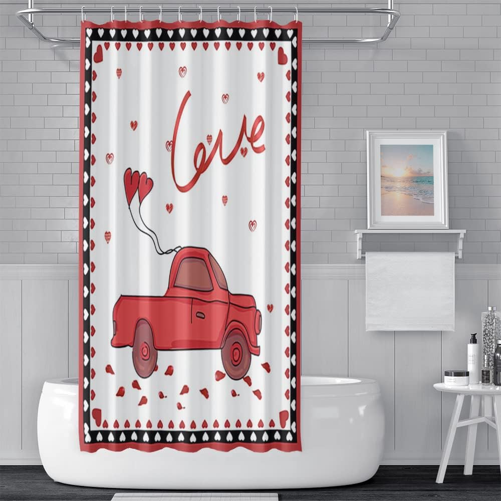 Yeele Valentine's Day Shower Curtain Red Truck Love Wedding Home Decor Waterproof Heart Balloons Bathtub Curtains with Hooks,72x96in