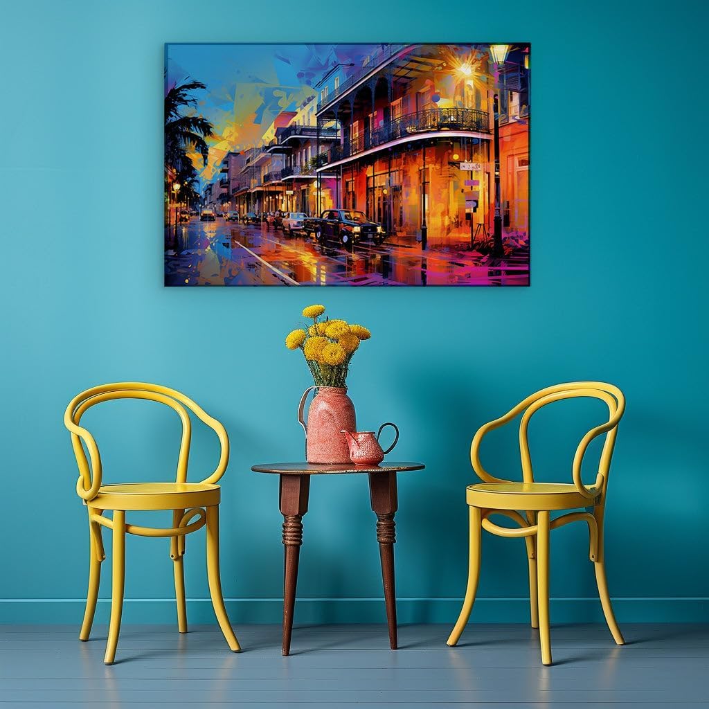 Canvas for Living room. Energetic Flair on Canvas Captures the Vivid Essence of Rain-soaked New Orleans, 27 x 18 inch Canvas Wall Art - Contemporary Masterpieces - Modern Home Decor