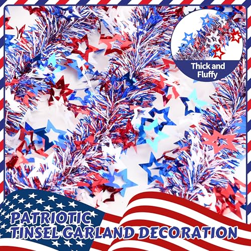 Image of 50FT 4th of July Patriotic Tinsel Garland, Glitter Tinsel Garlands with Cut Out Designs Star, Metallic Holiday Hanging Streamers for Memorial Day Independence Day Indoor Outdoor Party Decor