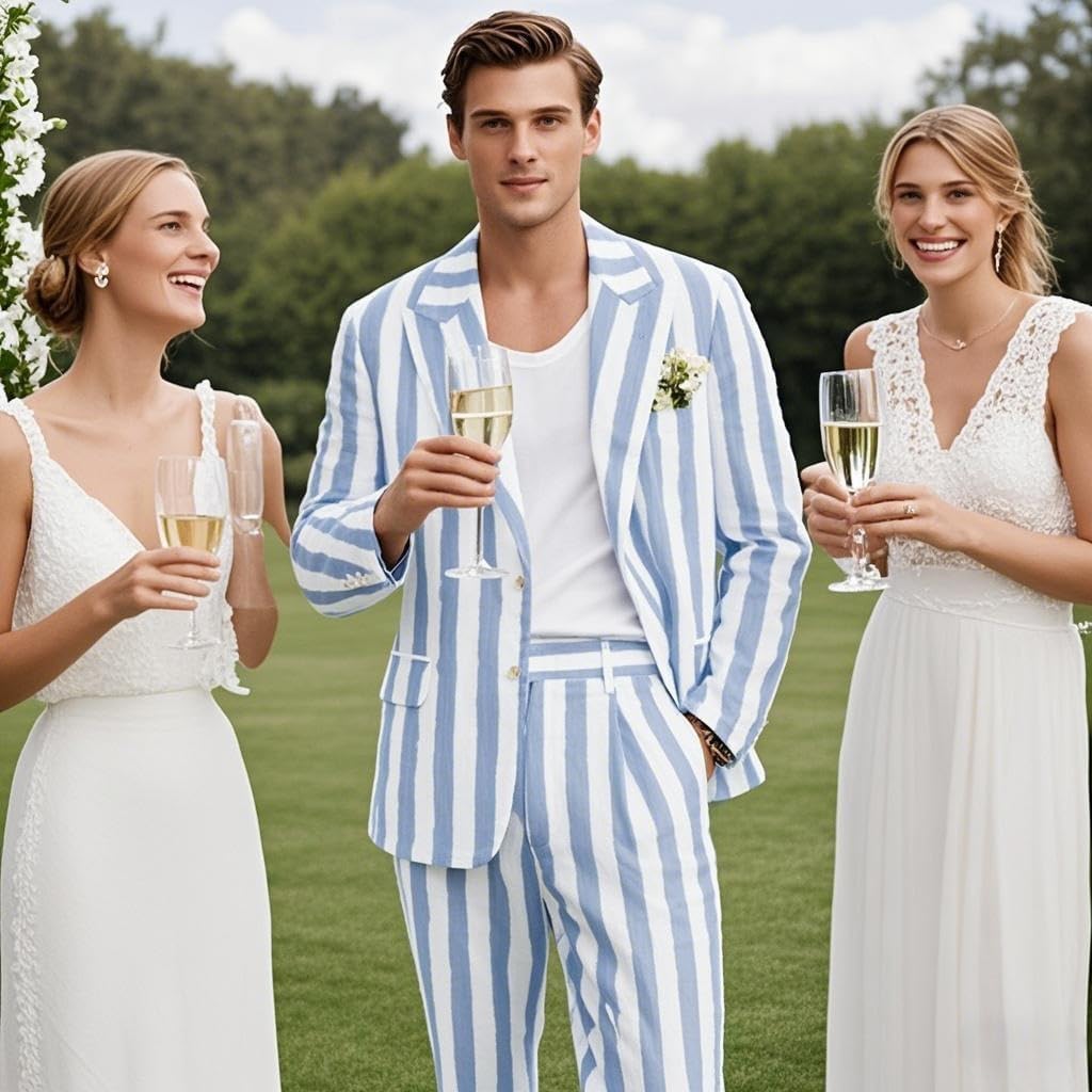 Men's Tuxedos Seersucker Summer 2-Piece Big and Tall Suits Wedding Stylish Comfortable