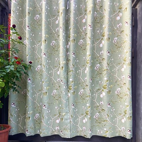 AZIMUZIXI Vorhänge mit Vintage-Vogel-Muster, 242,8 cm lang, Bauernhaus-Lichtfilterung, dekorative Terrassentürvorhänge und Vorhänge, Ösen, Gewichtspaneele, 1 grüner Vorhang (B x L) 127 x 243,8 cm
