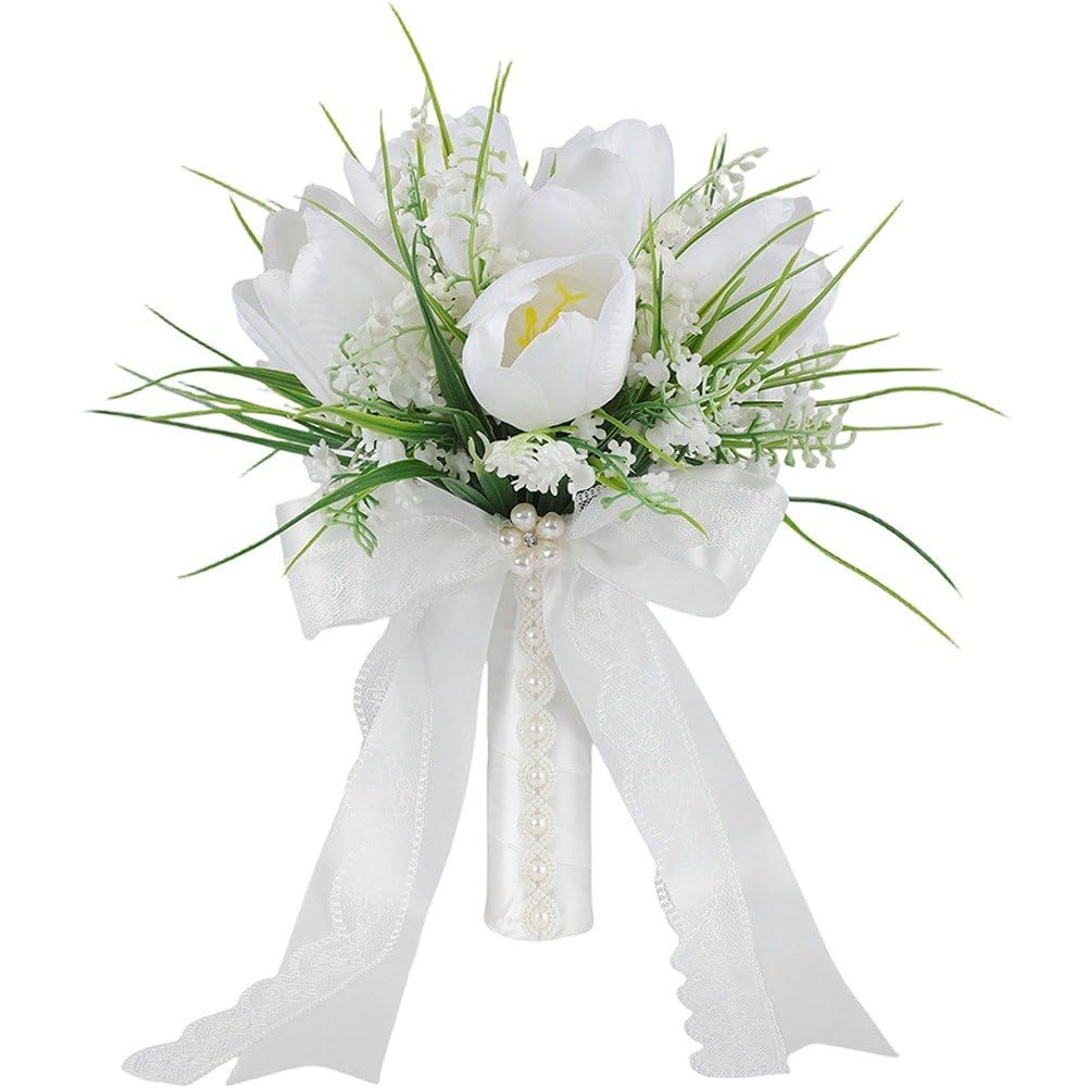 Hrippy White Bridal Wedding Bouquet, Artificial Floral Arrangement for Romantic Valentine Engagement Holiday Ceremony Events