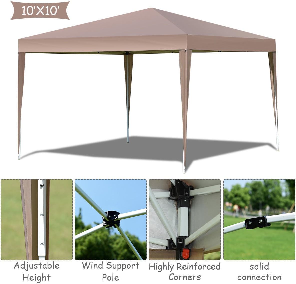 Tangkula Outdoor Tent 10’X10’ EZ Pop Up Portable Lightweight Height Adjustable Study Instant All Weather Resitant Event Party Wedding Park Canopy Gazebo Shelter Tent with Carry Bag (Caffee)