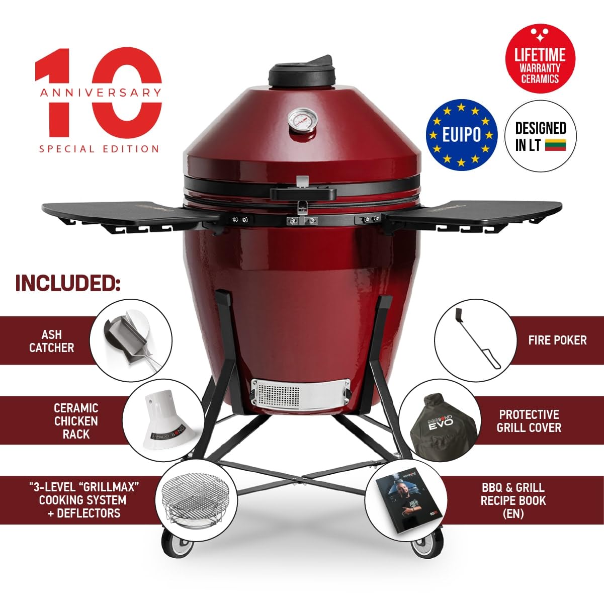 Kamado Bono EVO Grande 64 cm Keramikgrill Royal Red – Extra großer Kamado Grill Ø52 cm Grillfläche, 3-Ebenen GrillMax System, mit Wagen, Seitentischen & Zubehör