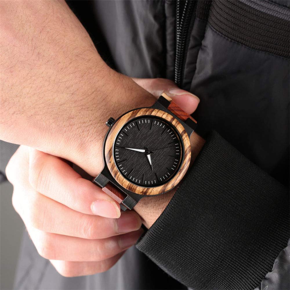CAIDAI&YL Orologio da Uomo Casual in Legno con Fibbia Pieghevole, quadrante Rotondo Nero Minimalista, con Scatola