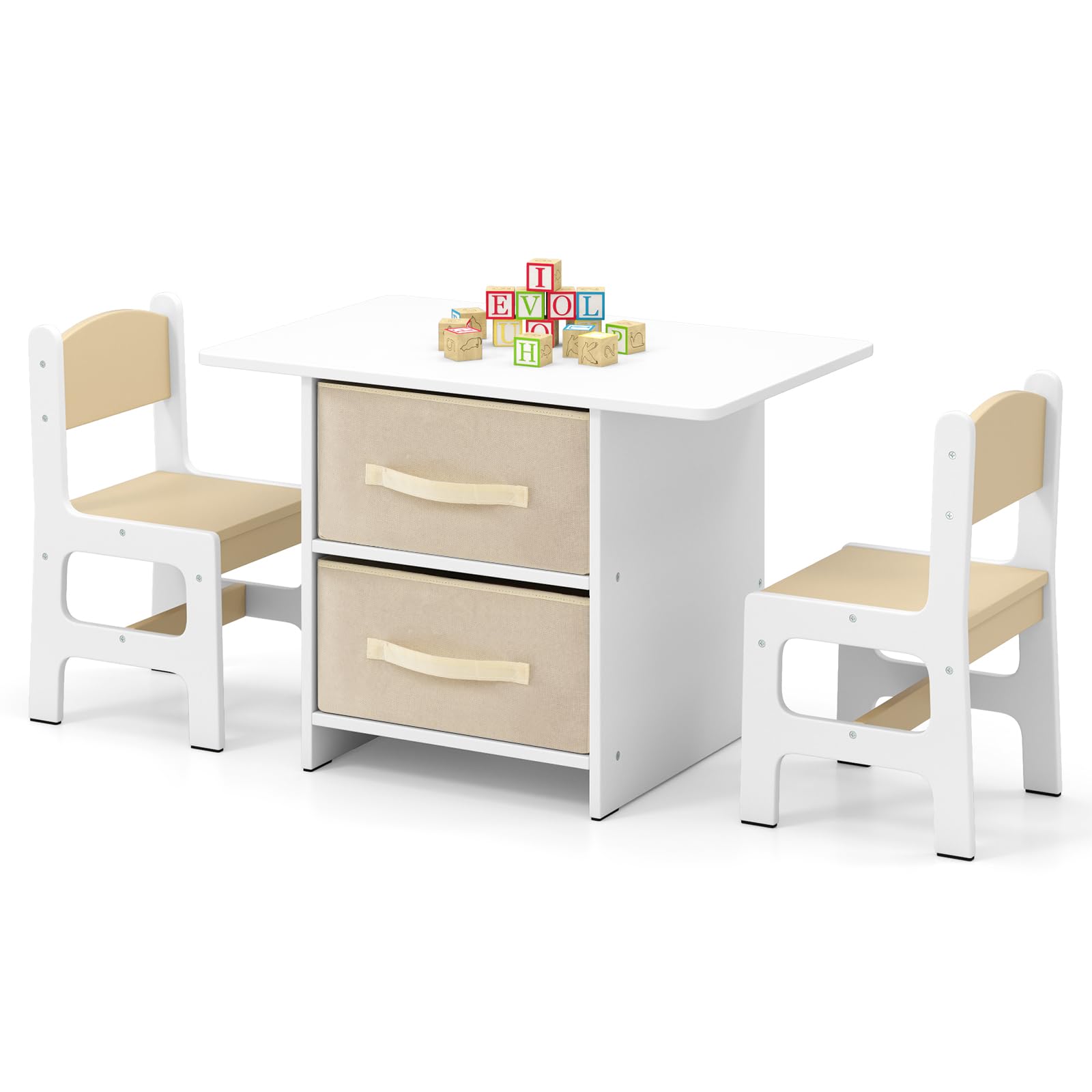 GOPLUS Juego de Mesa y 2 Sillas Infantil 3 en 1, Grupo de Asientos y Escritorio con Amplio Tablero para Niños, Mueble Infantil con 2 Cajas de Almacenamiento, Capacidad Carga 50KG (Natural)