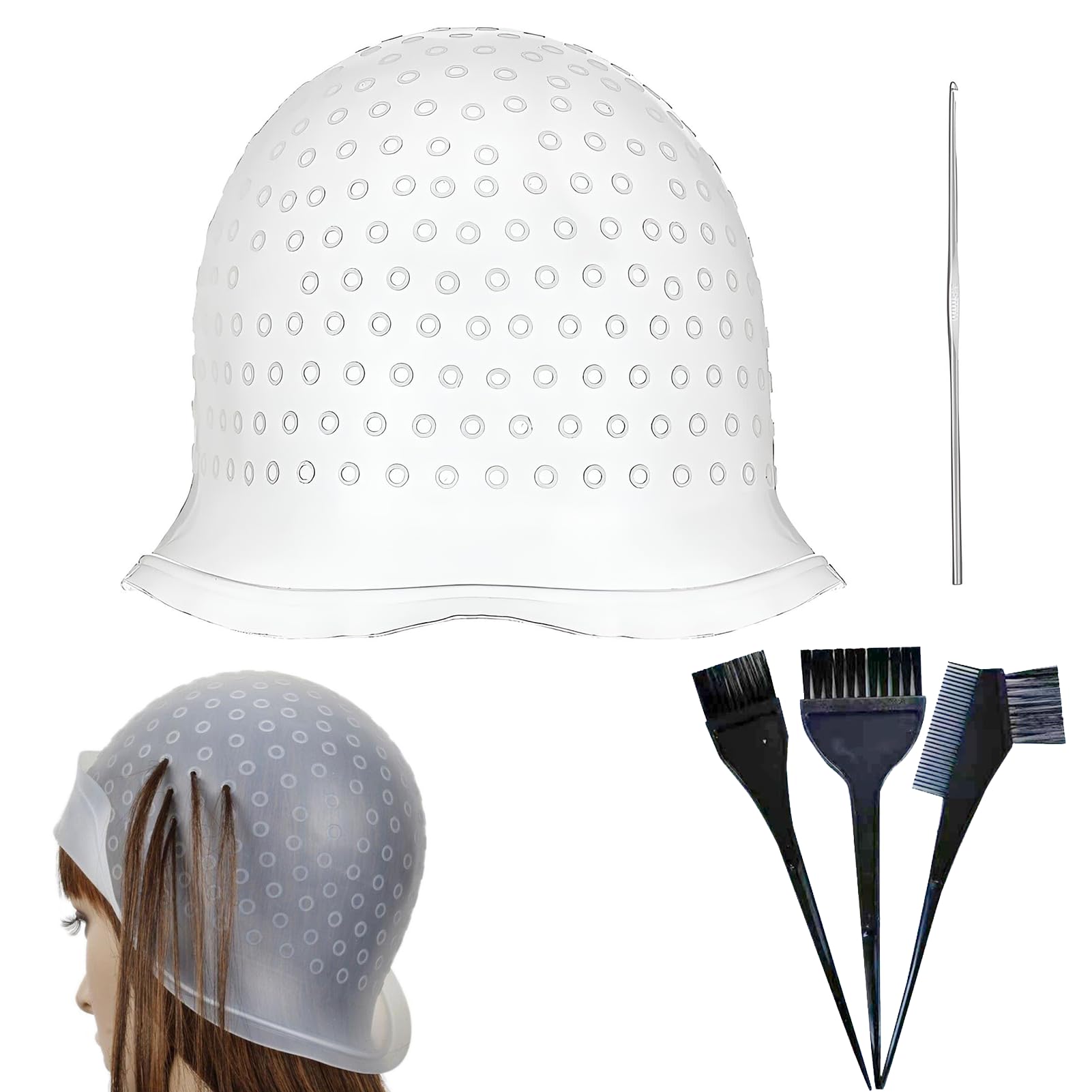 5 Stück Strähnchenhaube,Stränchen Haube,Strähnenhaube Mit 3 Pinseln,Strähnen Selber Machen,Strähnen Set,Strähnchen,Haarfärbeset,Silikon Highlight Kappe Für Friseursalons Und Familien