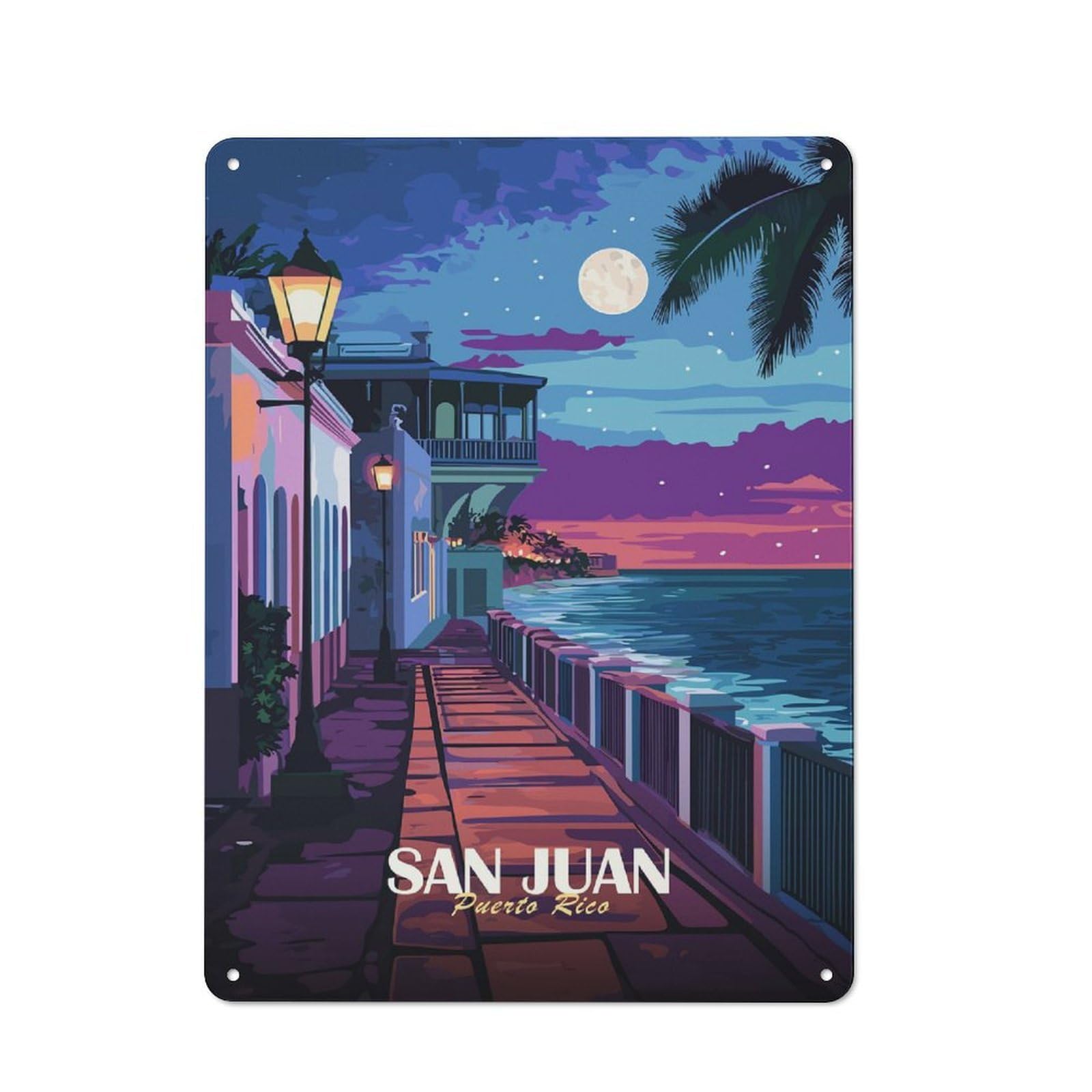 Junmoney Style-17 Retro Metal Wall Sign 40X30cm With San Juan, Puerto Rico Nightscape For Home Bar Wall, A Decorative Gift For A Newly Furnished Home Bar
