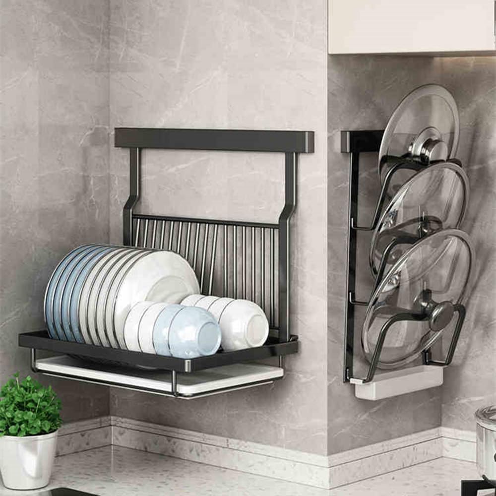 TentHome Égouttoir Vaisselle INOX Murale Pliable avec Bac d'égouttement Noir, Seche Vaisselle, Rangement Assiette Bol Sechoir Porte Support Ustensiles Cuisine Accessoires Mural en Acier Inoxydable