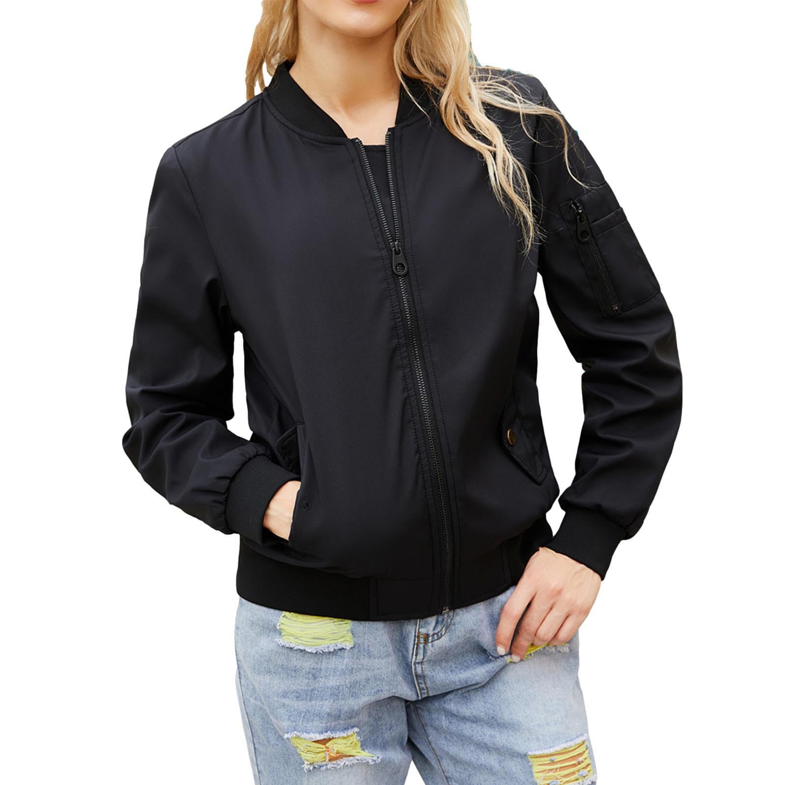 UK Stock Aviator Pilot Biker Bomber Jackets for Women Ladies Casual Blouses Long Sleeve Full Zipper Sweatshirts Hoodless Mock Neck Thin Coat Solid Oversized Y2K Baseball Tops