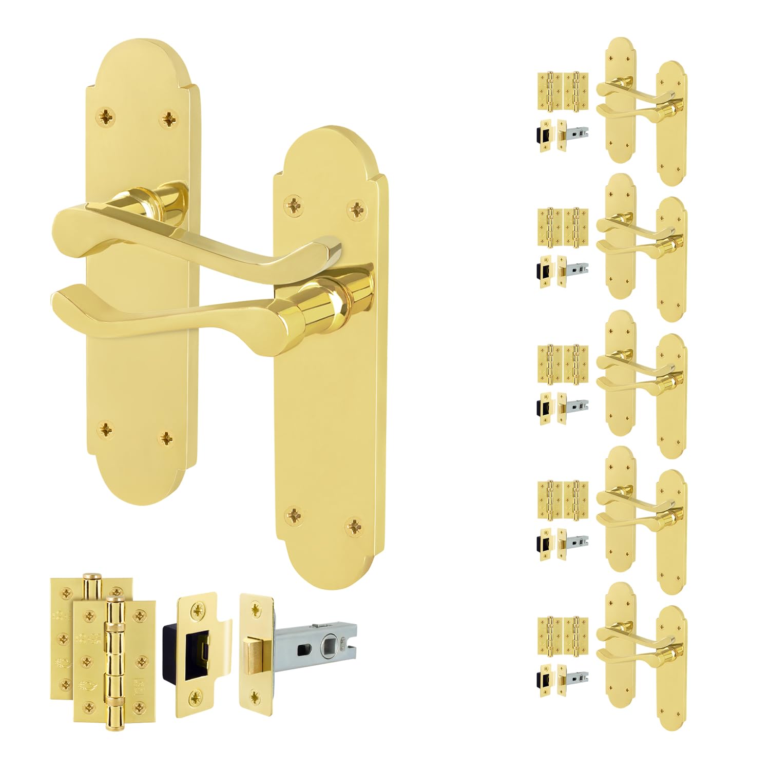 EAI Polished Brass Door Handles with Latch 64mm and Hinges, 6 Pack