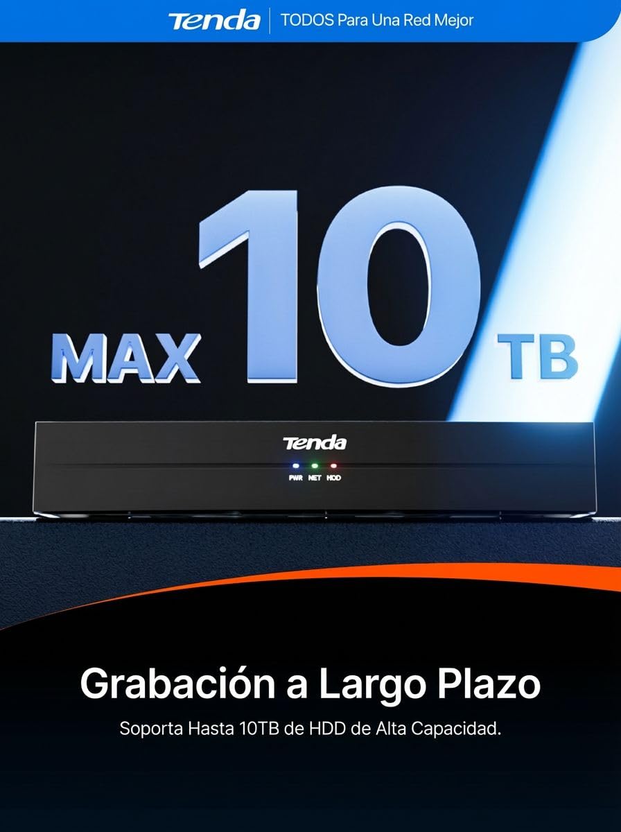 Tenda 4K 8 Canales NVR PoE Grabador de Vigilancia, H.265+, Plug and Play, Soporte para 8MP Cámaras IP, Almacenamiento HDD 10TB/Cloud, Acceso Remoto App, 4KV Protección Contra Sobretensiones, TN3108-8P