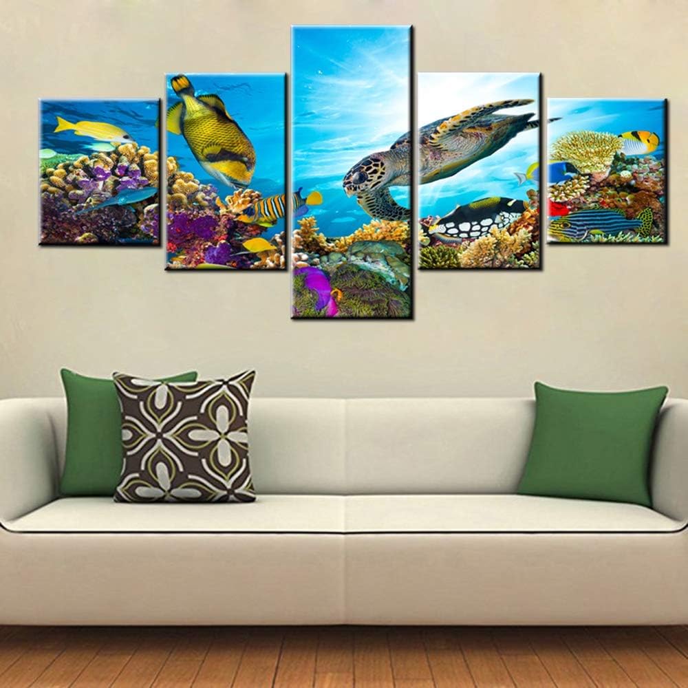 Underwater World Picture Turtle and Fish Paintings House Decoration Living Room Multi Panel Prints on Canvas Coral Reef Wall Art Contemporary Artwork Stretched Framed Giclee Ready to Hang(50''Wx24''H) 50WX24H Artwork-27