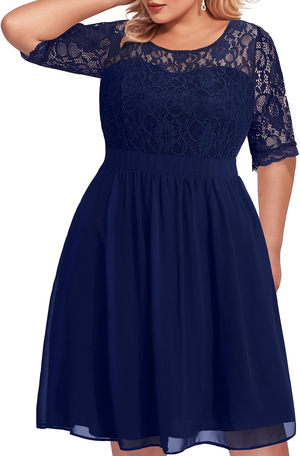 Pinup Fashion Plus Size Lace Chiffon Wedding Guest Dresses Women Cocktail Party Midi Dress