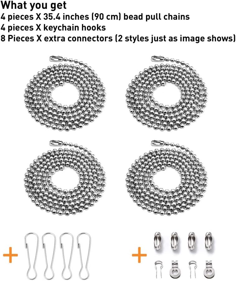 Ceiling Fan Pull Extension Chain set, Light Chain Extender Stainless Steel Silver 3.2mm Beaded Ball, Fan cord Pull string Replacement (Four 35.4 Inch Chains, 8 connectors & 4 hooks)