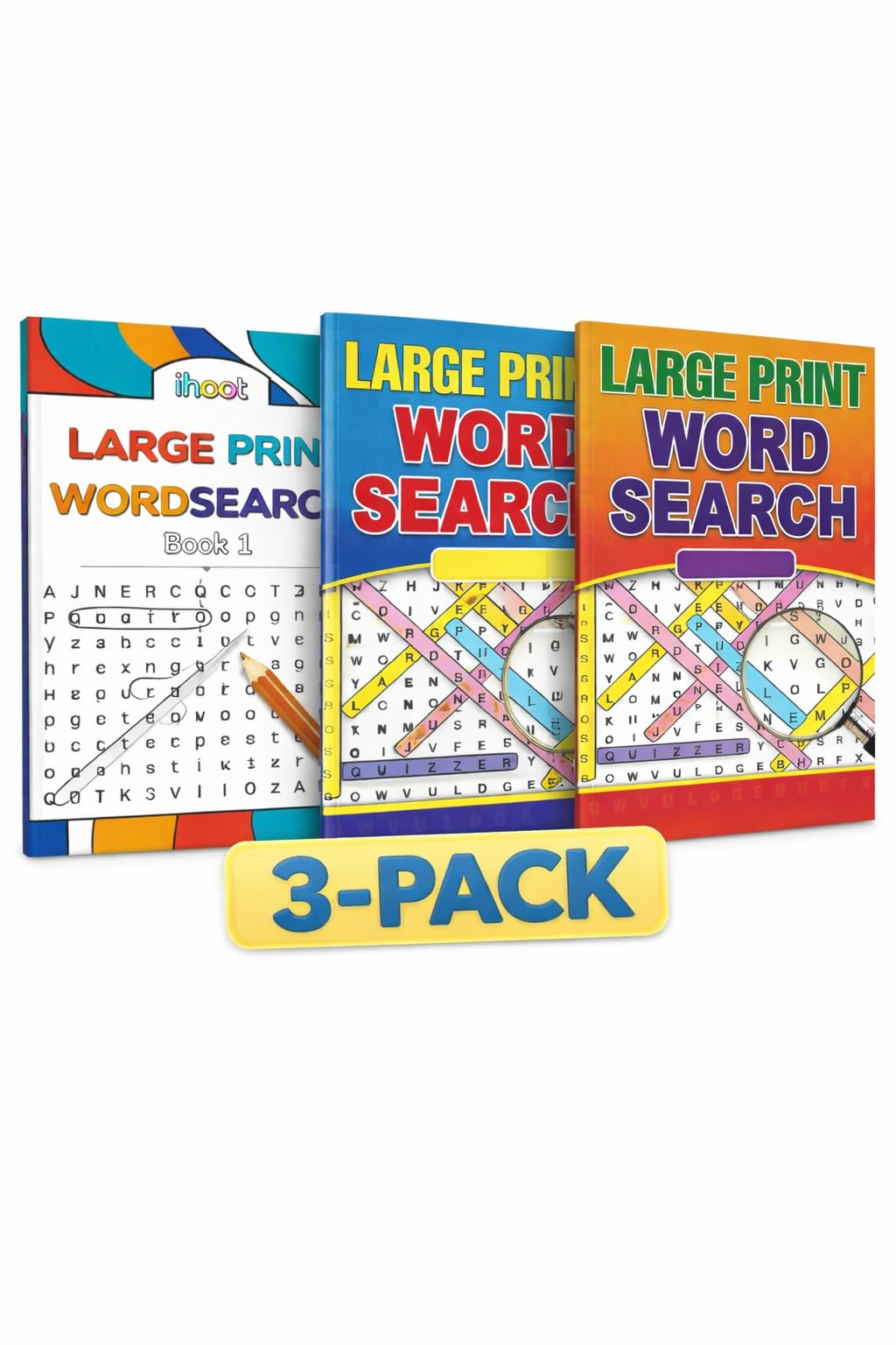 ihoot Pack of 3 Assorted A4 Large Print Word Search Books for Adults | Travel Games Puzzle Books for Adults | Word Games and Word Puzzles, Gifts for Partially Sighted People | Over 185 Puzzles