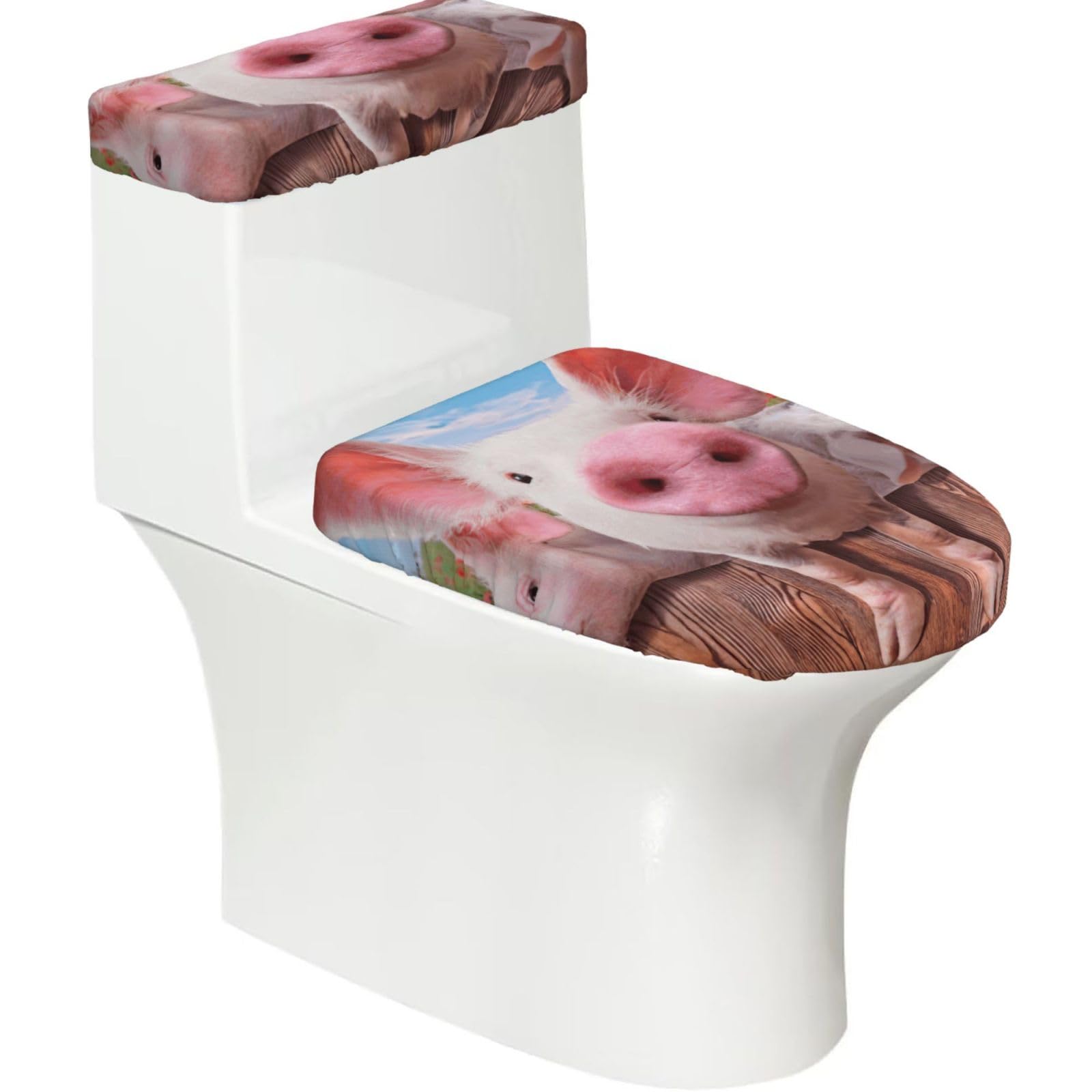 Funny Cute Pig Print 2-Piece Stretch Toilet Cover Set, Elastic Breathable Toilet Seat and Tank Lid Protector