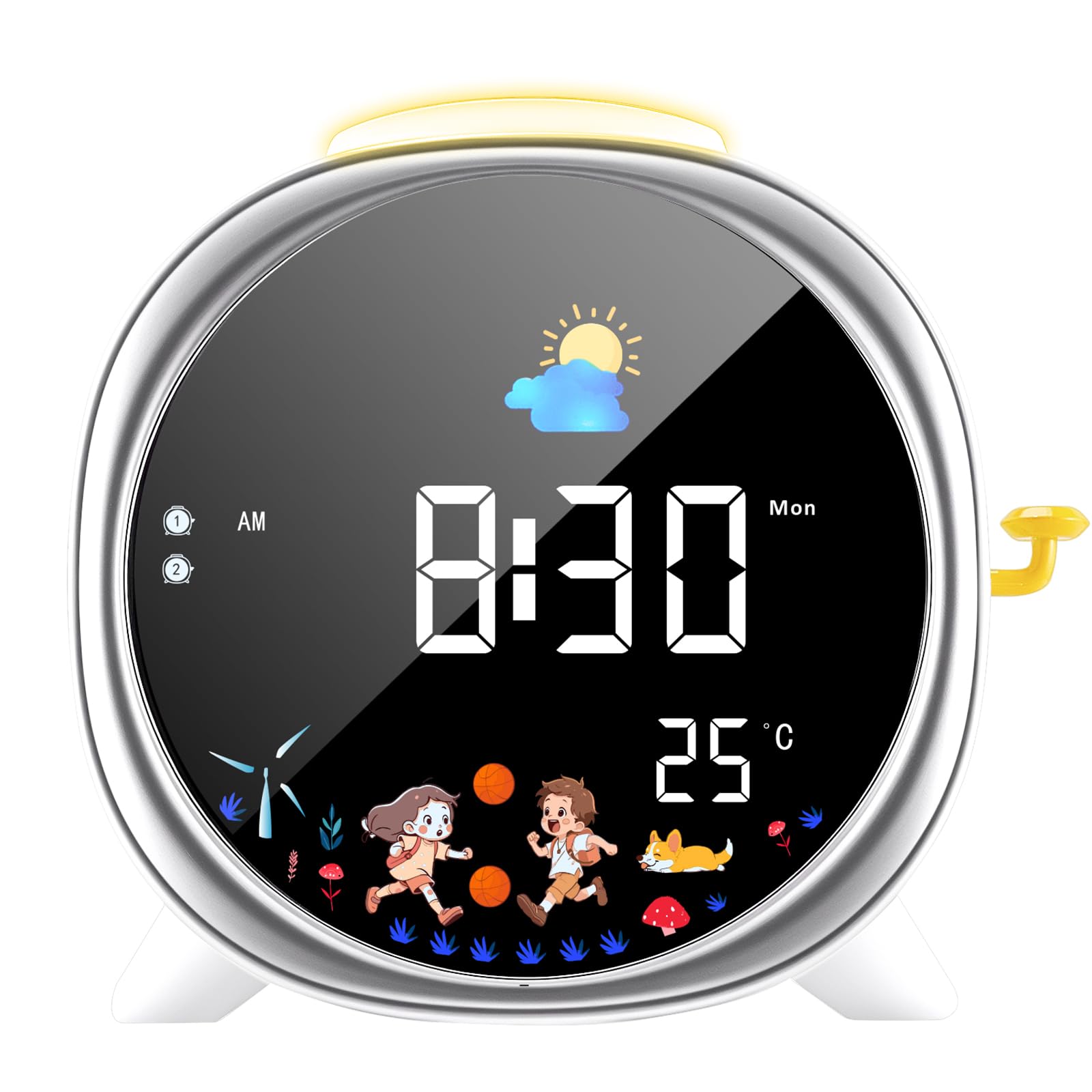 LIORQUE Sveglia Digitale per Bambini, Sveglia Bambini, 5 Suoni, Luce Notturna Regolabile, Display LCD con Modalità Sole e Luna, Doppia Allarme, Alimentazione USB, per Bambini e Bambine