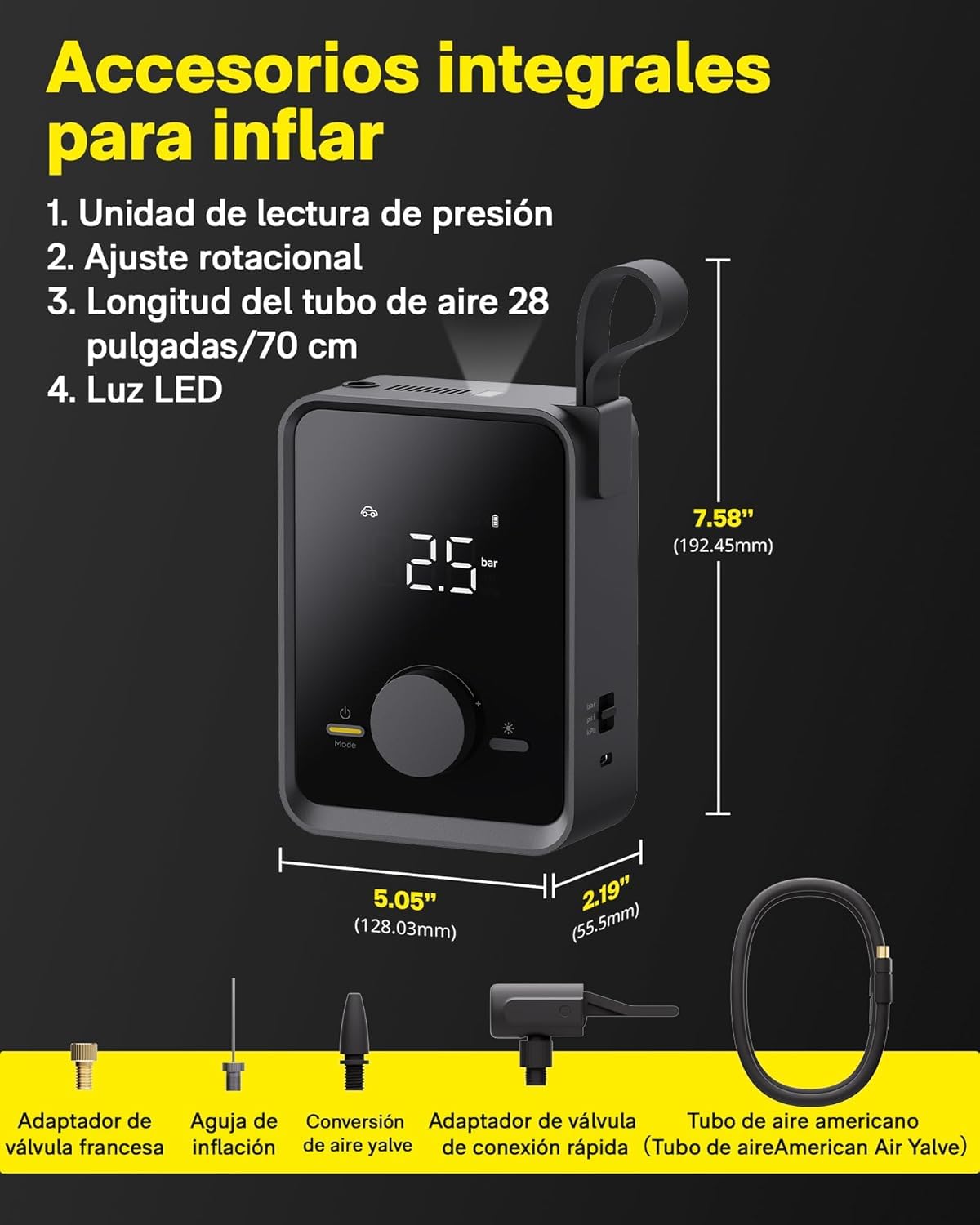 Compresor Aire Portatil 120PSI, Hinchador Ruedas Coche 2500mAh Batería | 5 Modos, Parada Automática con Pantalla LCD Digital y Linterna LED, para Coches, Motos, Bicicletas Pelotas