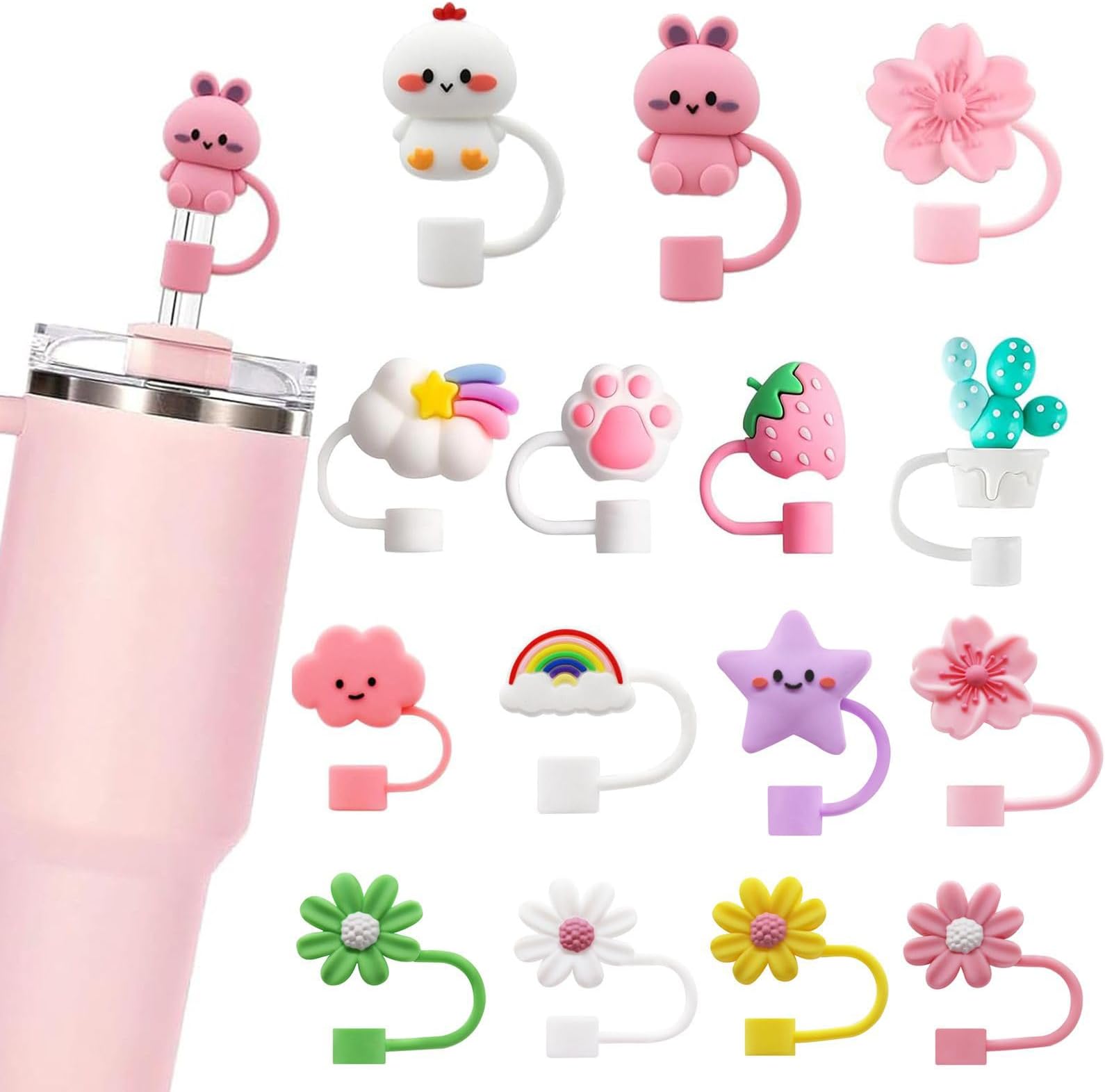 15Pcs Stanley Straw Cap, 10mm Cute Straw Toppers for Tumblers, Silicone Straw cover for 30&40oz -19