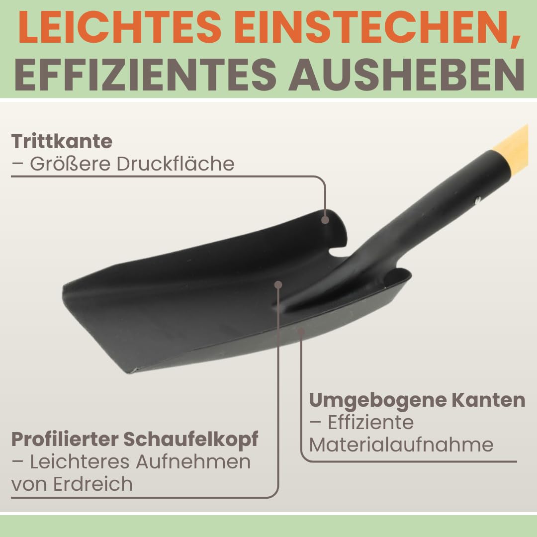 Grabenschaufel Schmal | Mit Holzstiel & D-Griff | Komfortable Gesamtlänge 130 cm | Drainagespaten Kabelspaten für präzise Gräben