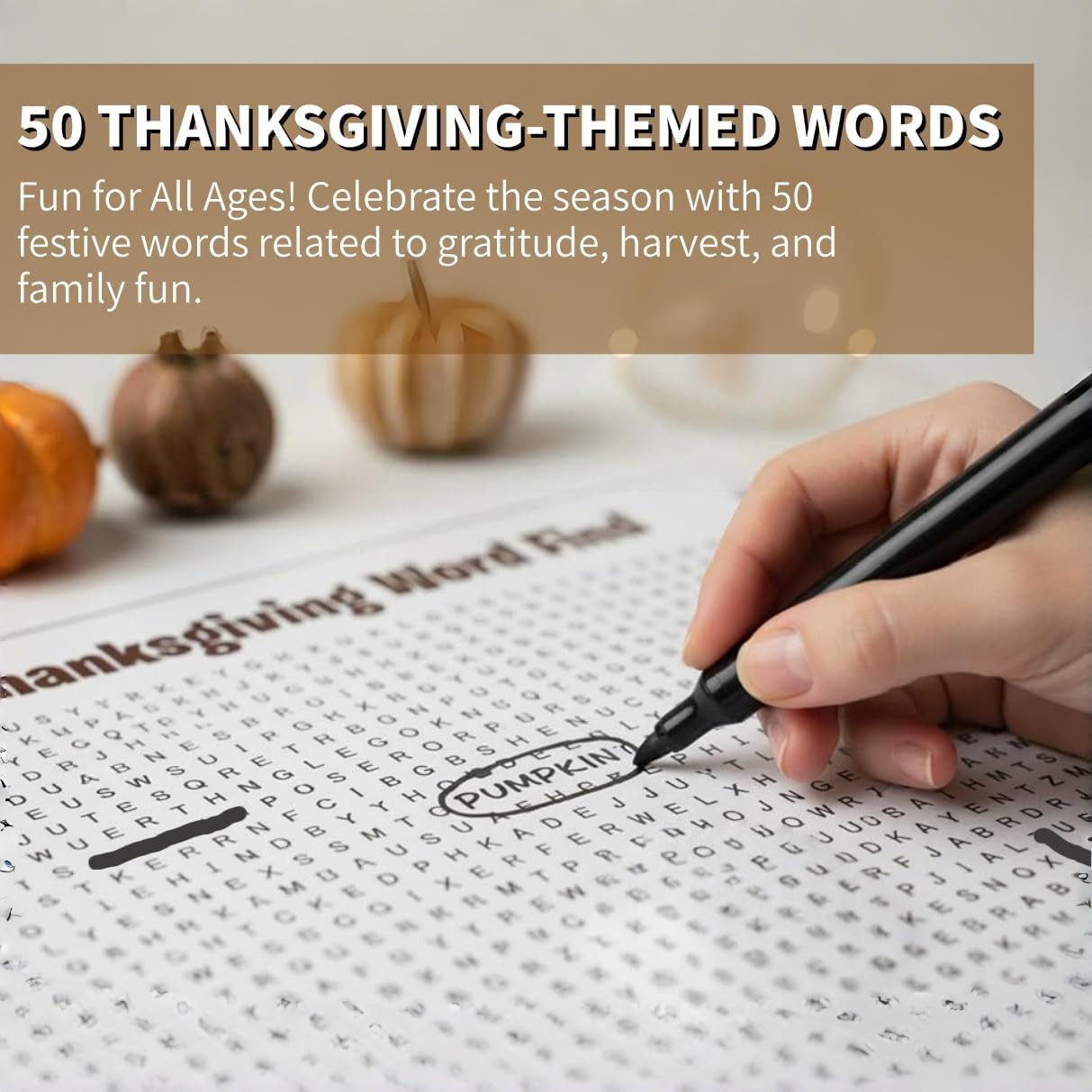 AyeBeau Thanksgiving Word Search Poster, Giant Holiday Word Find Wall Poster for Thanksgiving and Christmas, 36" X 24" Wall Game with 50 Words for Family Holiday Party Activity (Thanksgiving) - Image 8