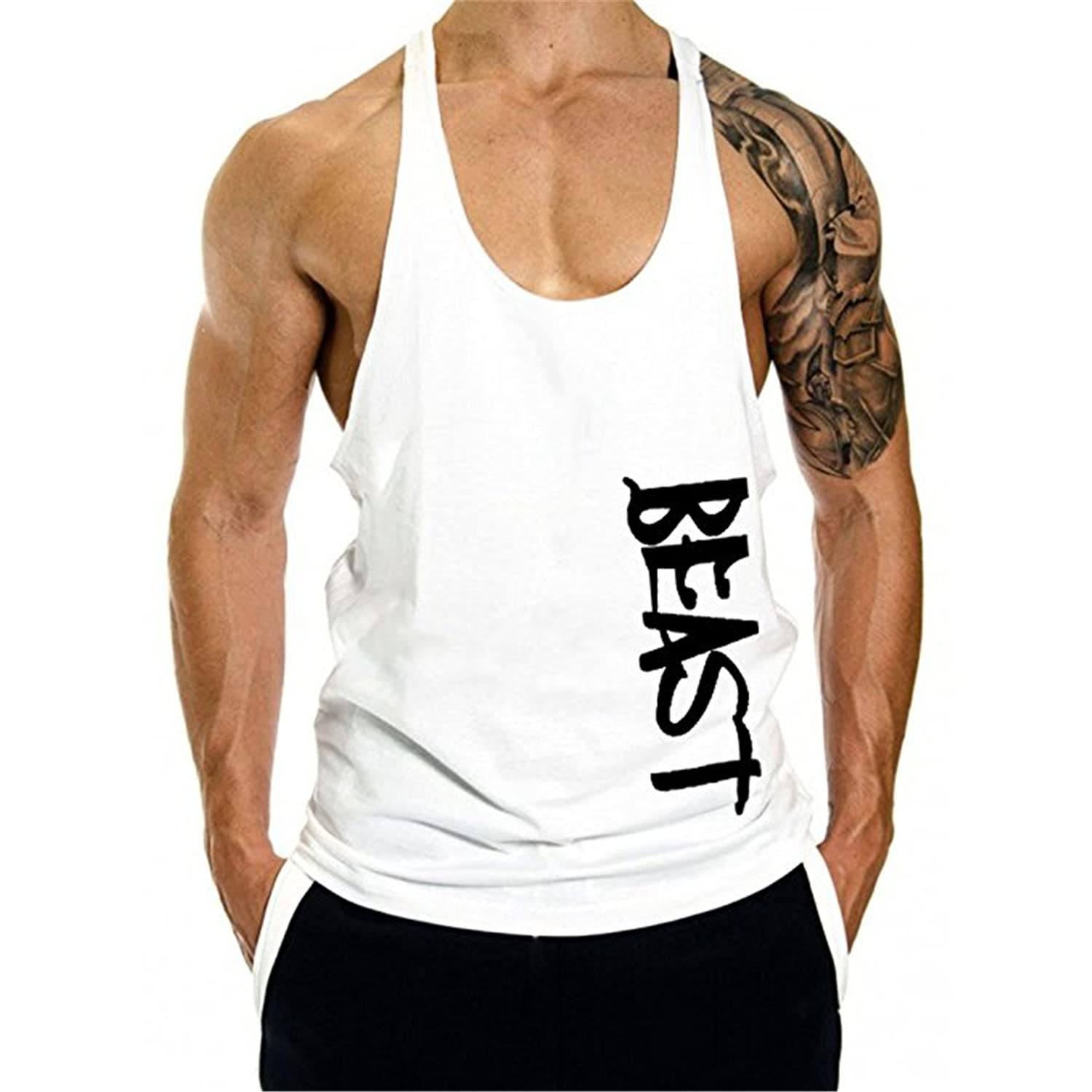 Cabeen Men's Beast Tank Tops Muscle Gym Bodybuilding Vest Fitness Workout Train Stringers White